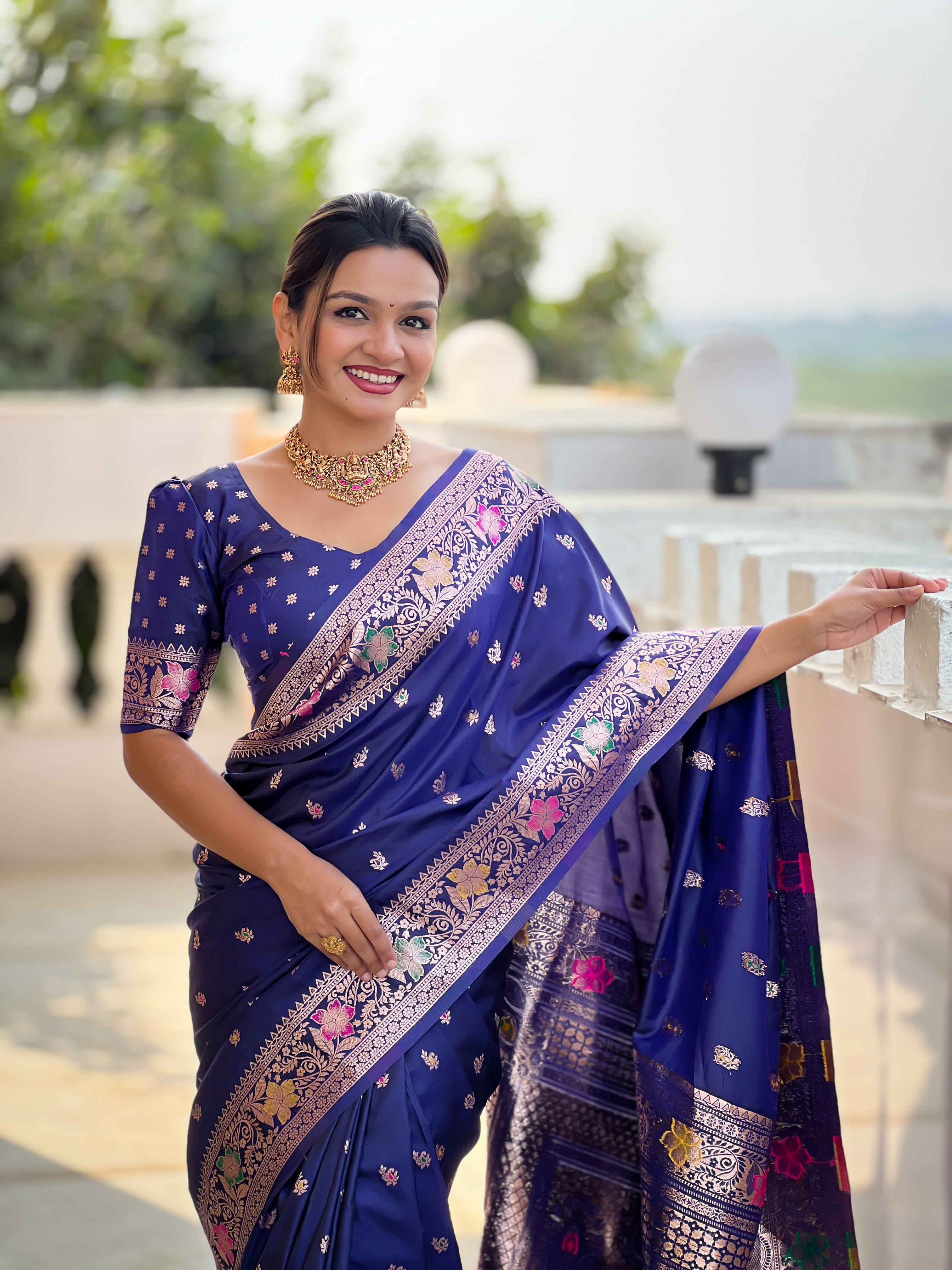 Navy Blue Soft Banarasi Silk Saree With Zari Weaving Meenakari