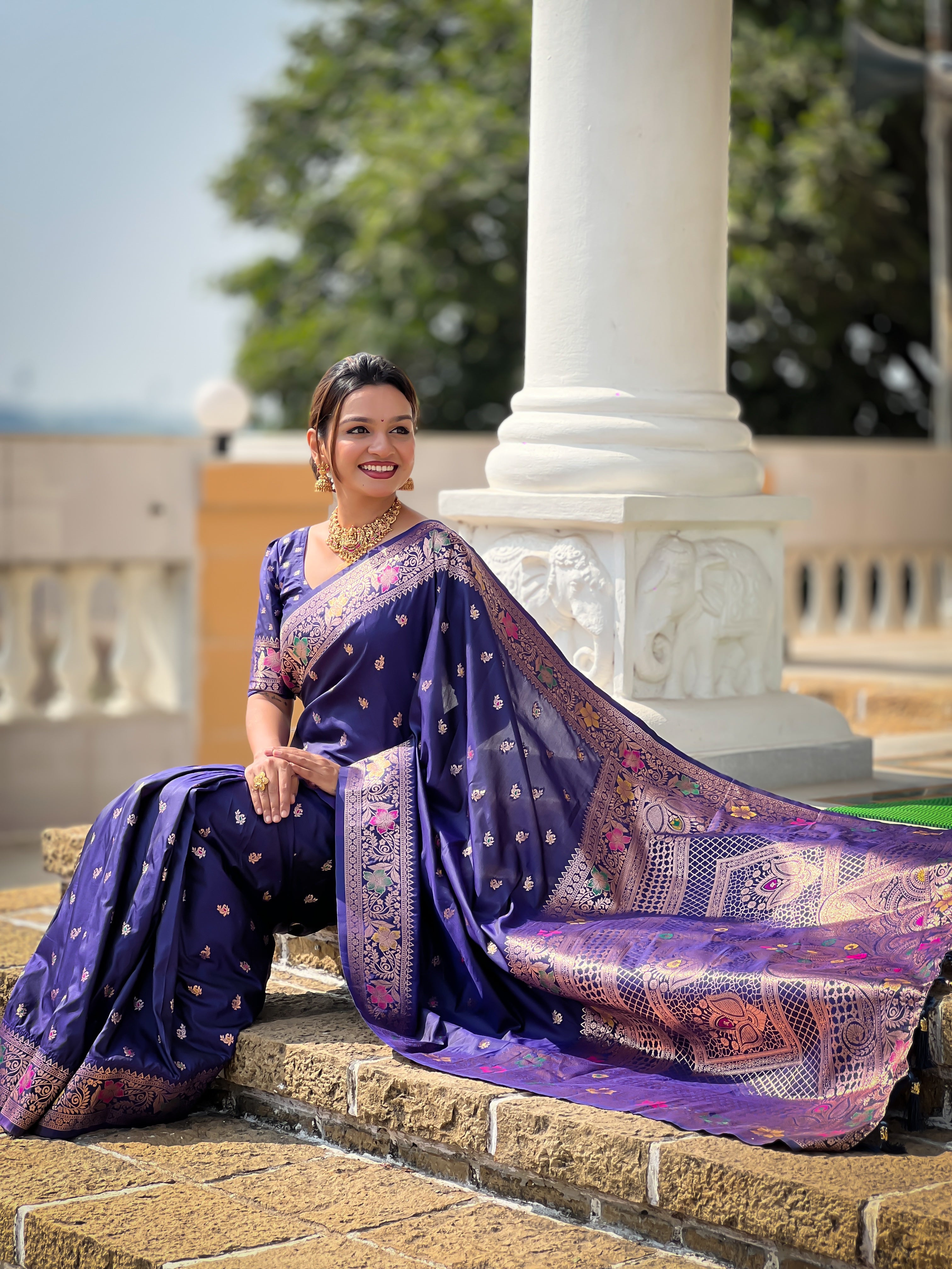 Navy Blue Soft Banarasi Silk Saree With Zari Weaving Meenakari