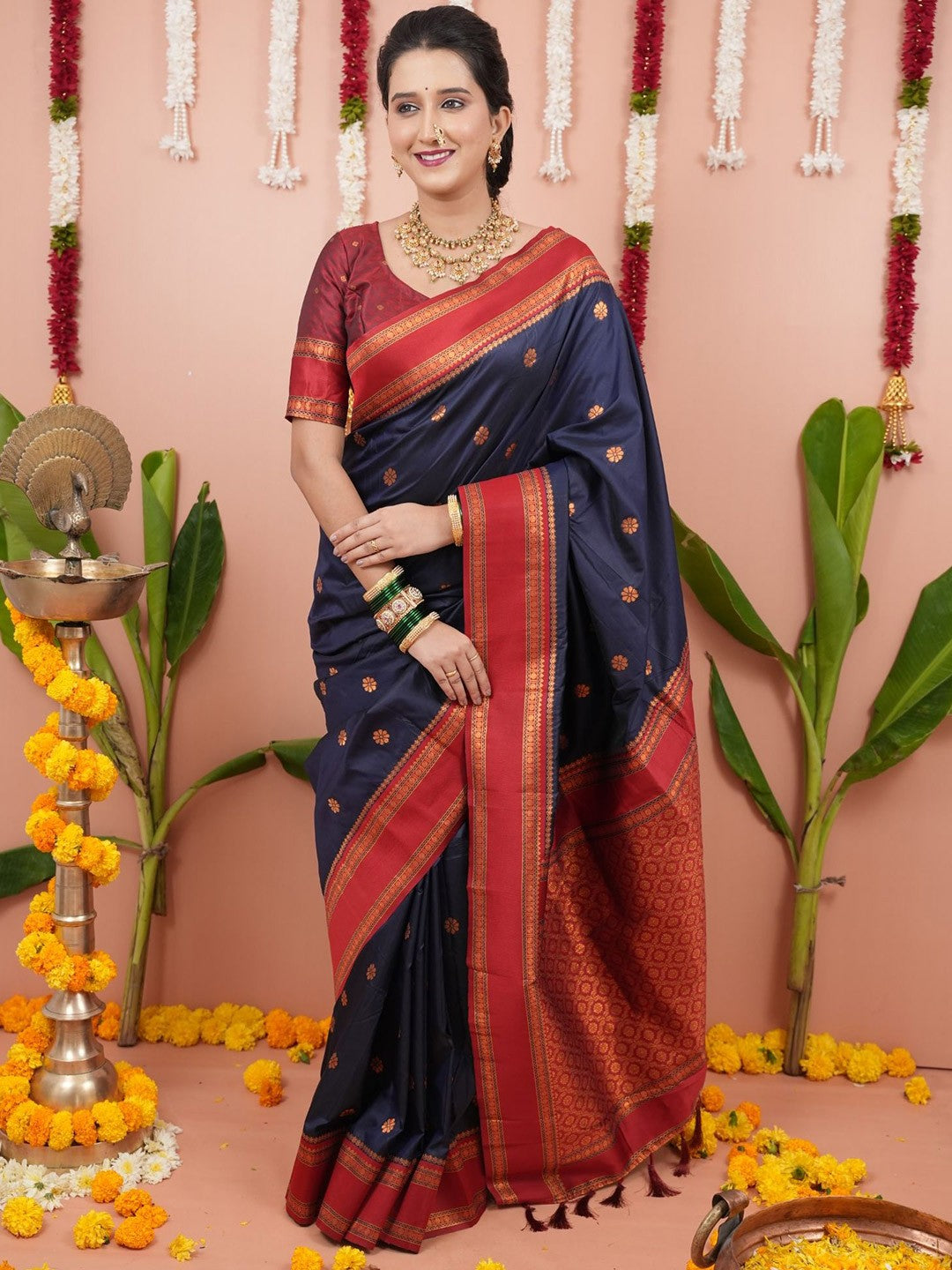 Navy Blue Woven Design Zari Pure Banarasi Silk Saree
