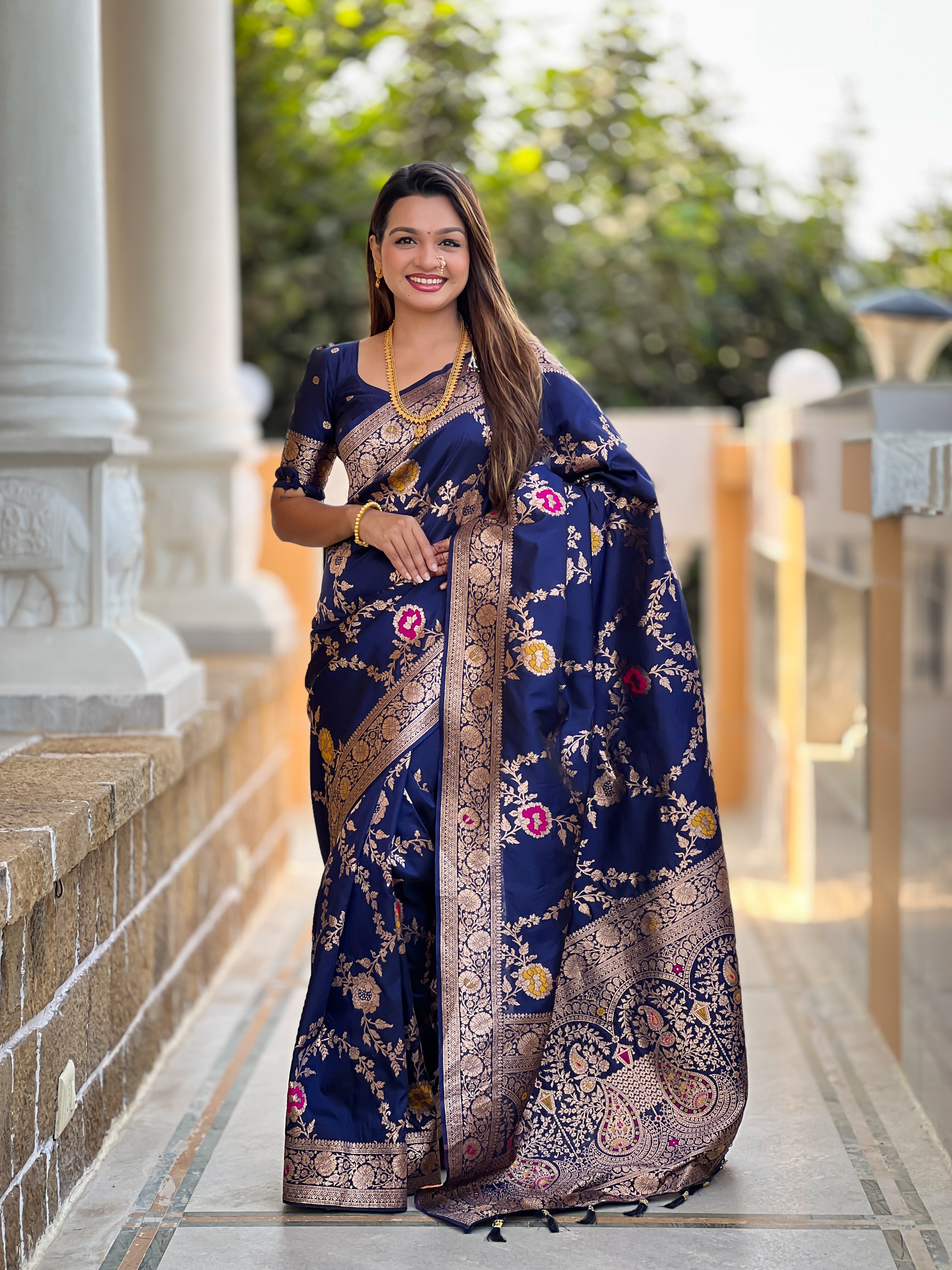 Navy Blue Soft Banarasi Silk Saree with Zari Weaving Meenakari Touchup Design