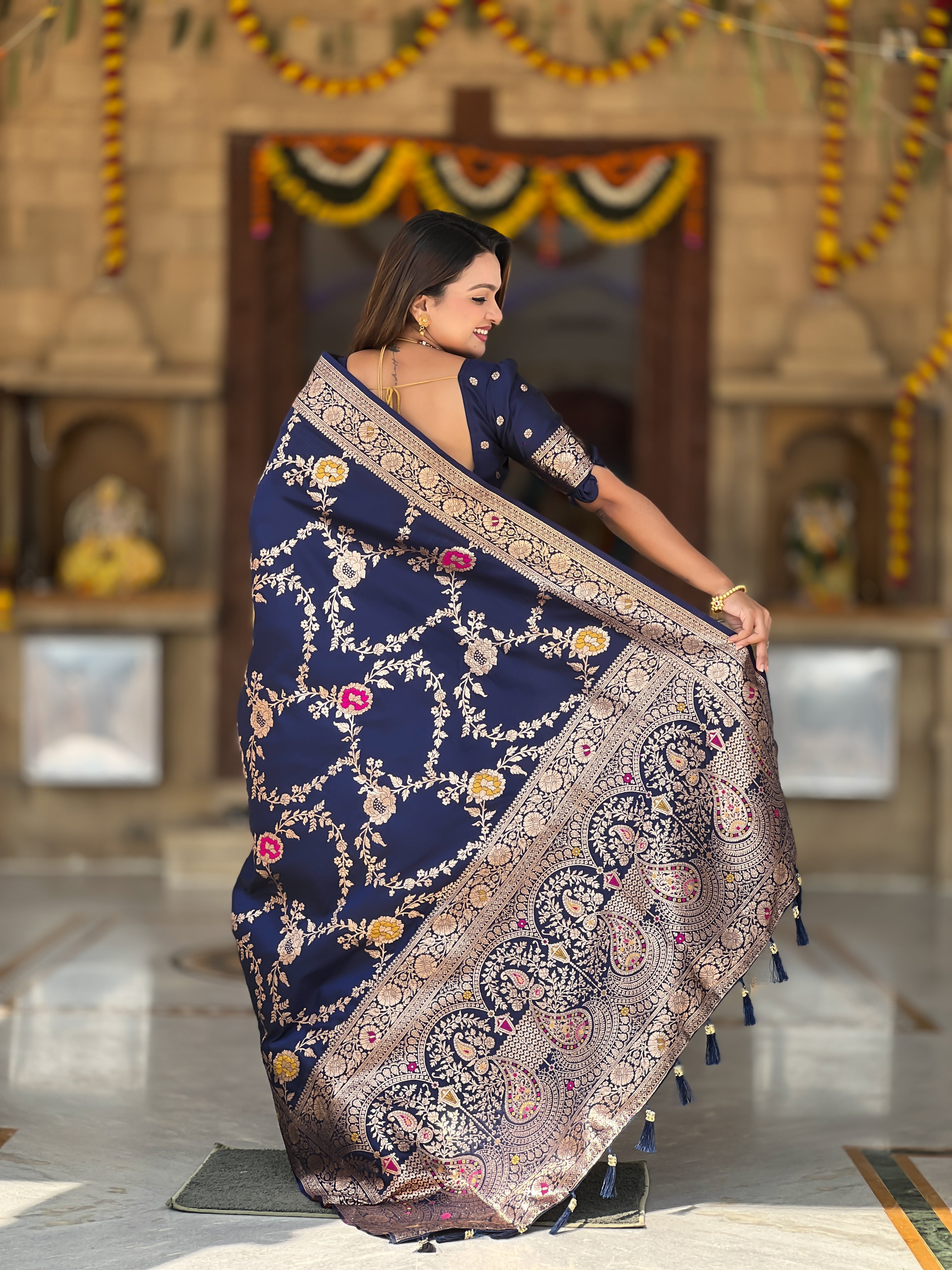 Navy Blue Soft Banarasi Silk Saree with Zari Weaving Meenakari Touchup Design