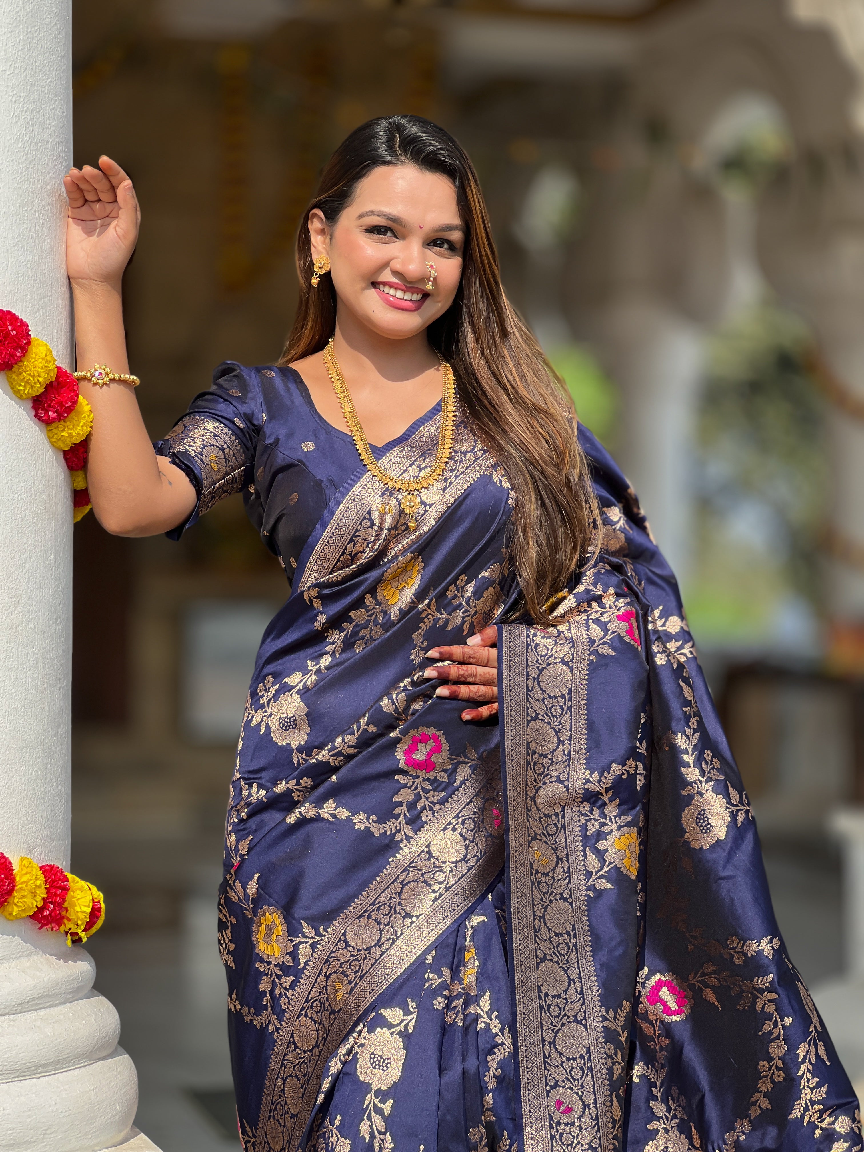 Navy Blue Soft Banarasi Silk Saree with Zari Weaving Meenakari Touchup Design
