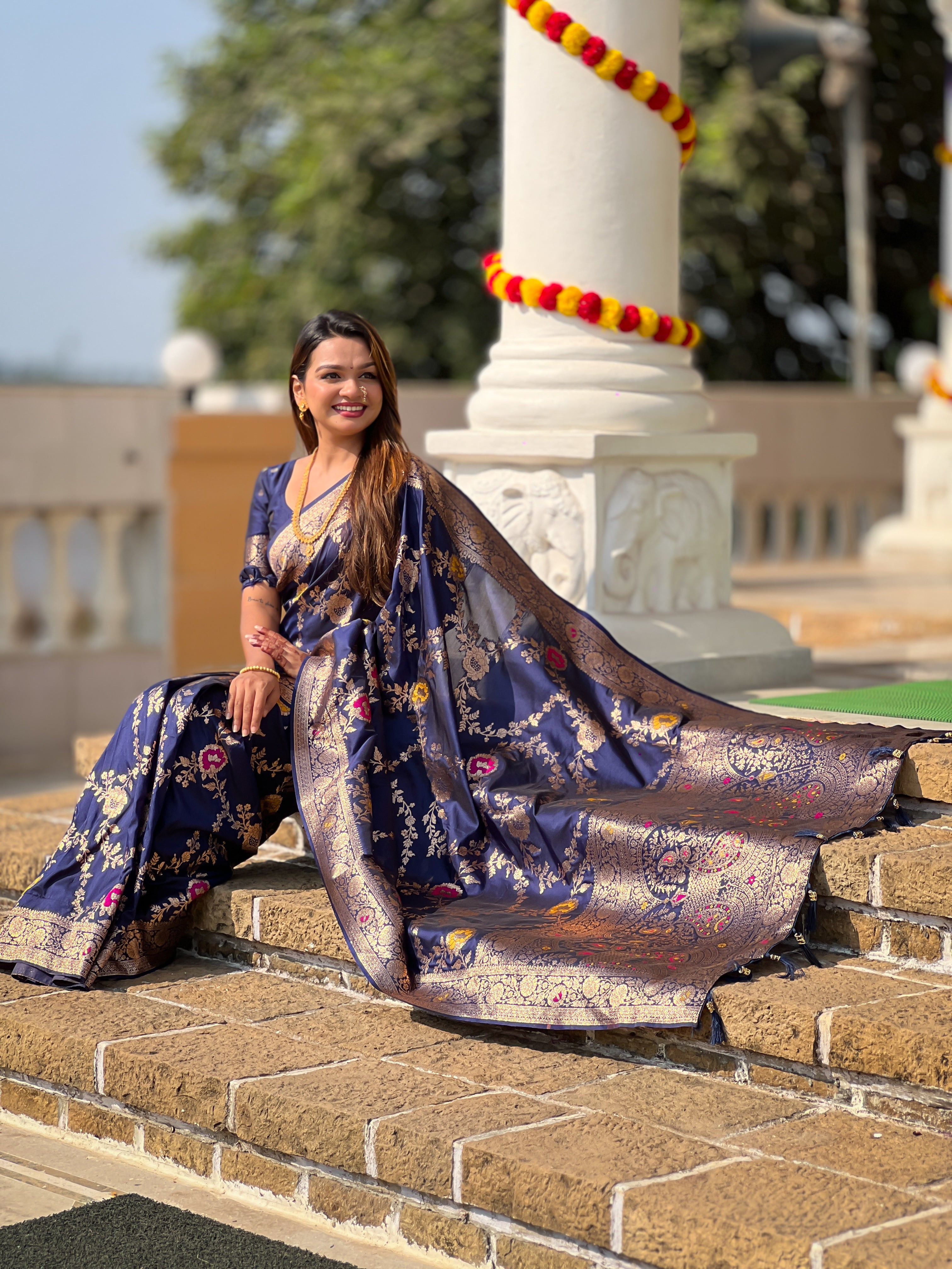 Navy Blue Soft Banarasi Silk Saree with Zari Weaving Meenakari Touchup Design