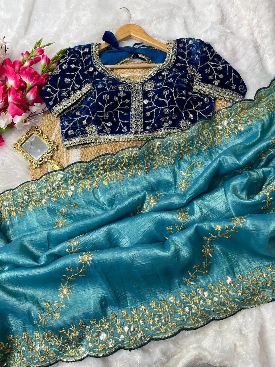 Nazrat Gold Crush Saree with Heavy Embroidery