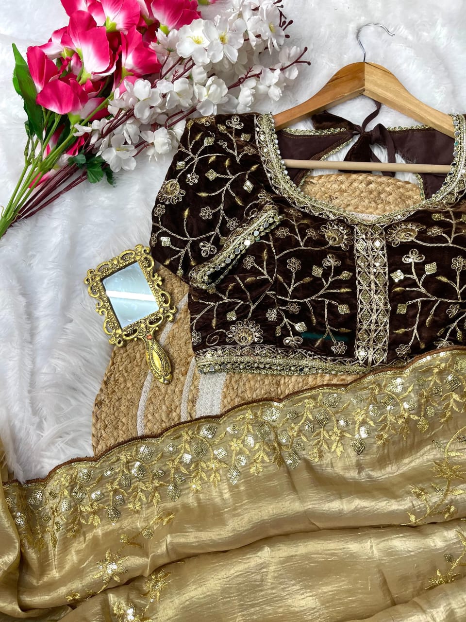 Nazrat Gold Crush Saree with Heavy Embroidery