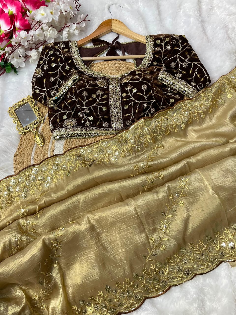 Nazrat Gold Crush Saree with Heavy Embroidery