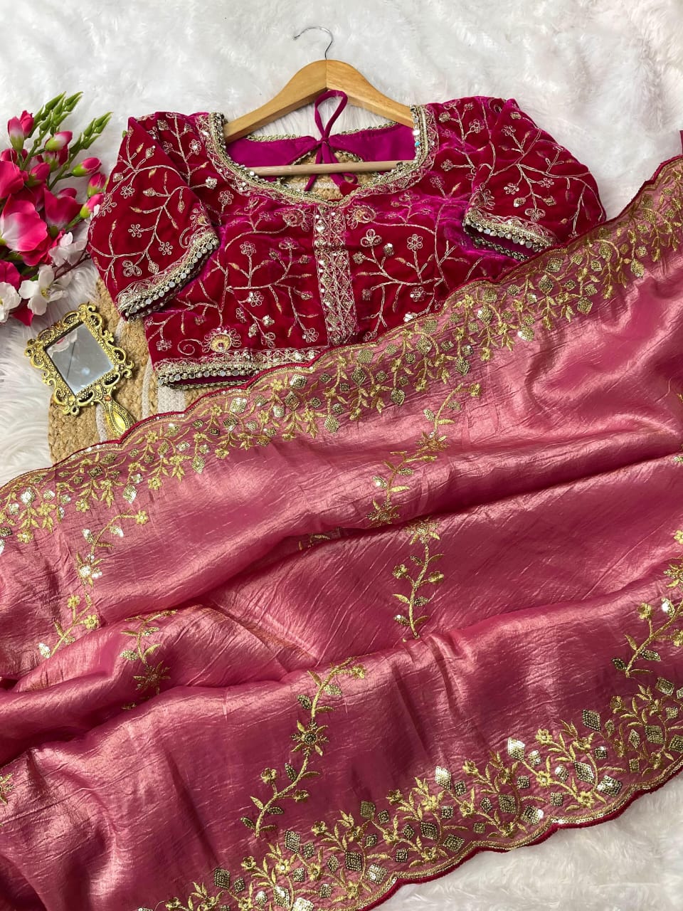 Nazrat Gold Crush Saree with Heavy Embroidery