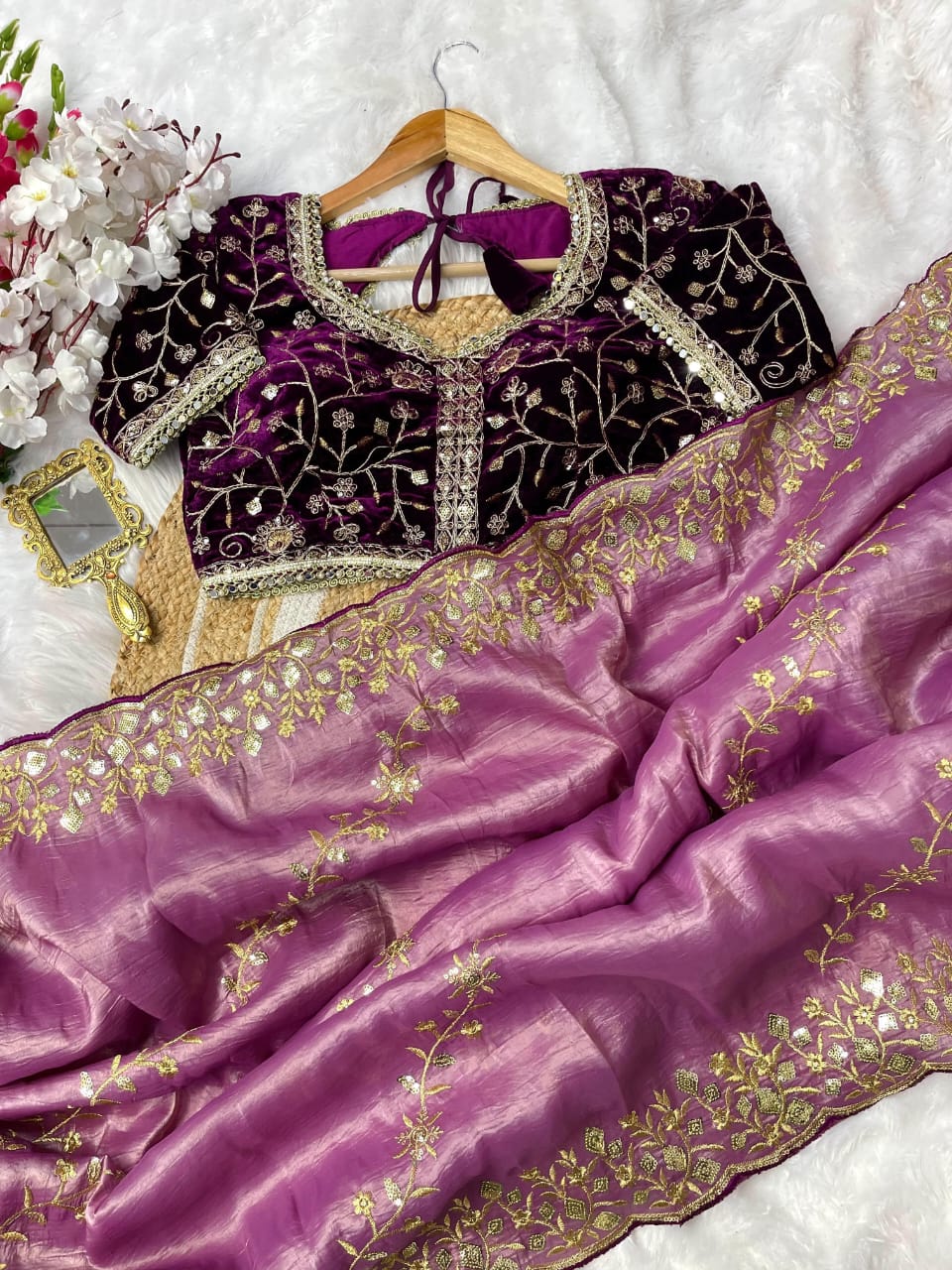 Nazrat Gold Crush Saree with Heavy Embroidery