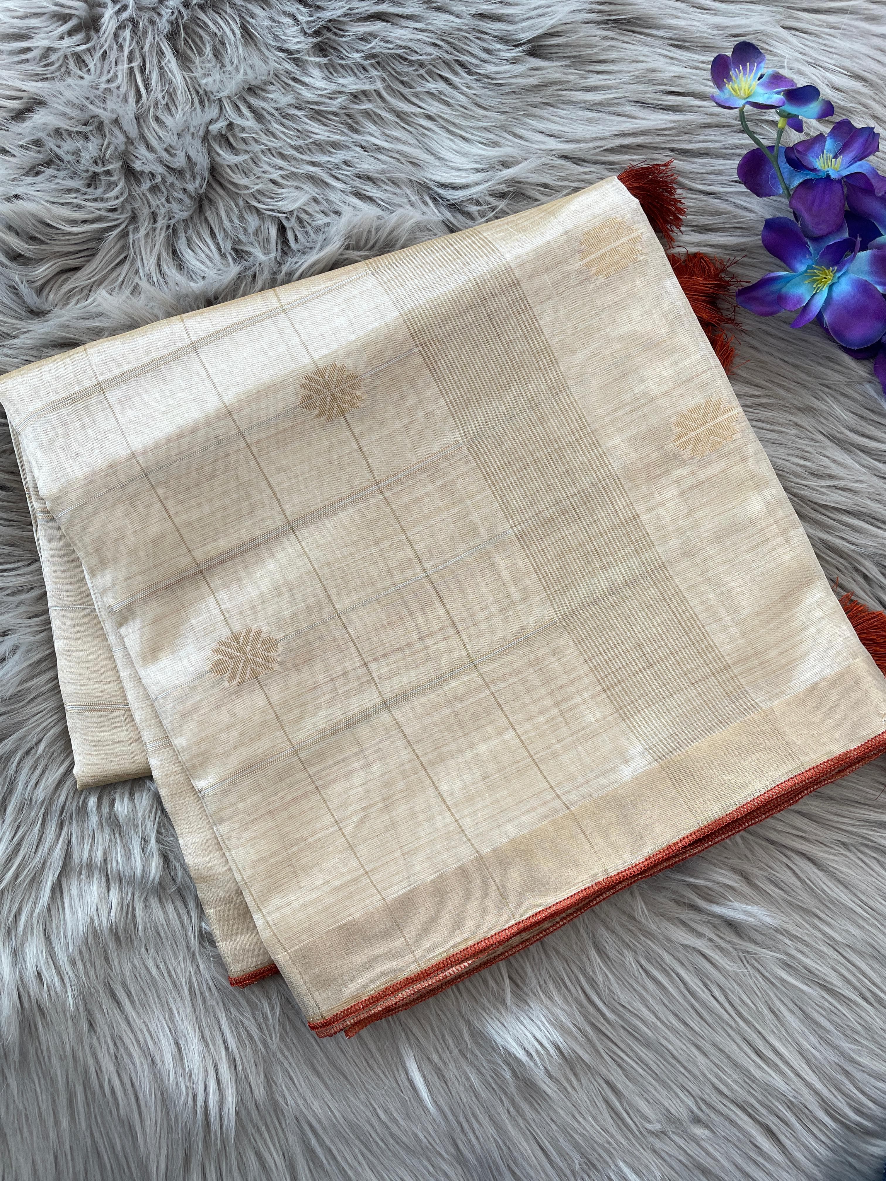 Off-White Kerala Cotton Tussar Silk Saree with Golden Zari