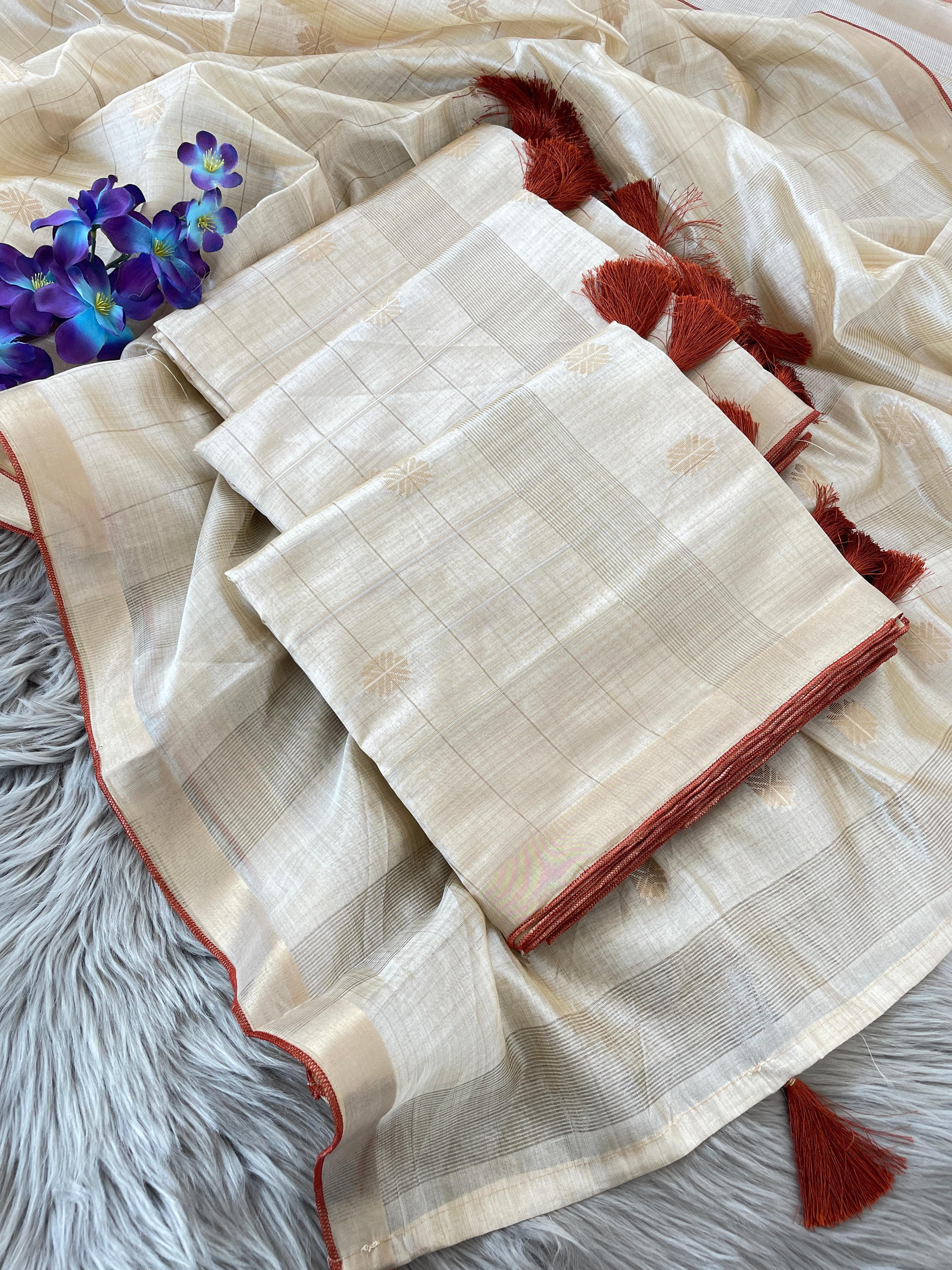 Off-White Kerala Cotton Tussar Silk Saree with Golden Zari