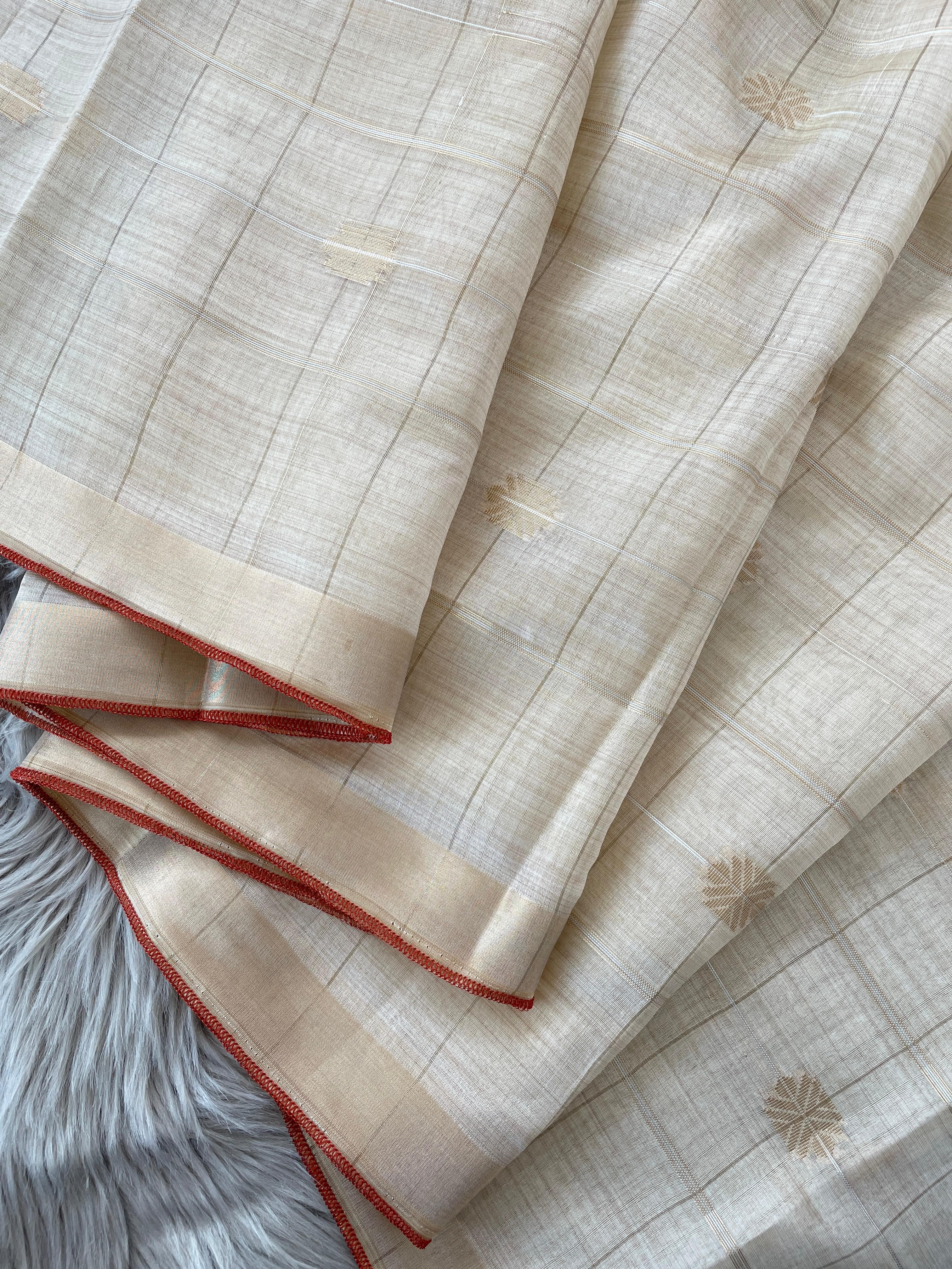 Off-White Kerala Cotton Tussar Silk Saree with Golden Zari