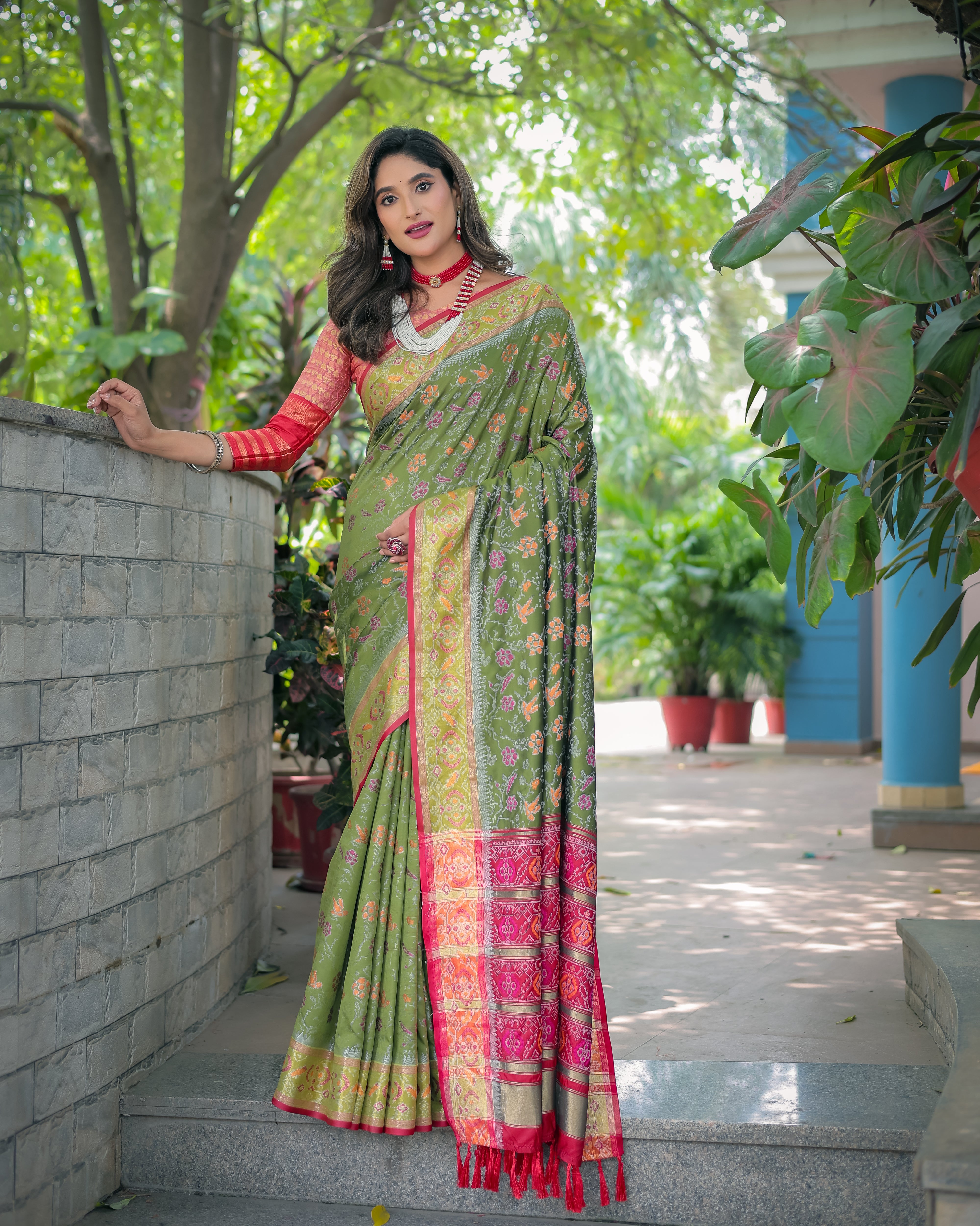 Olive Green Banarasi Patola Soft Silk Saree