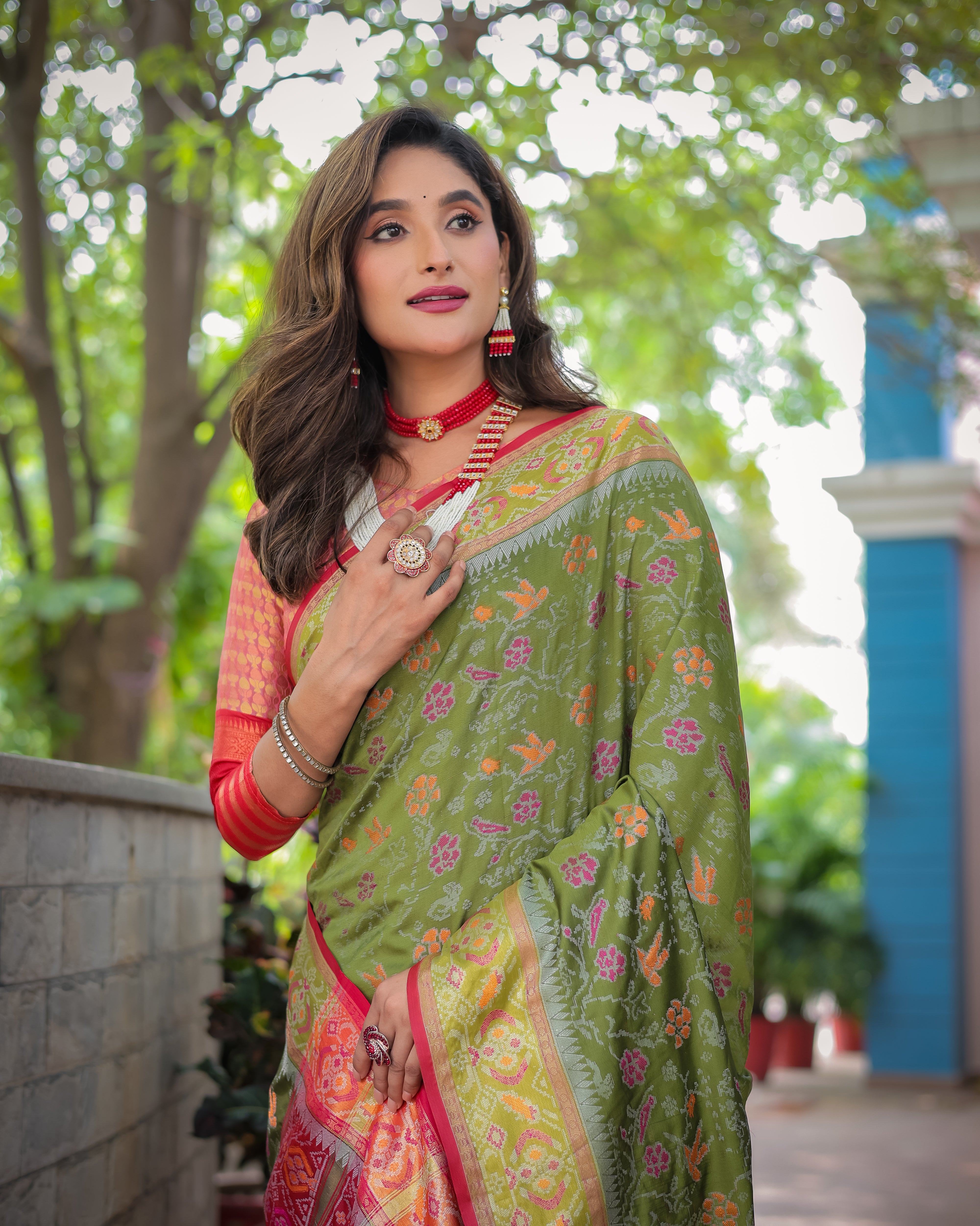 Olive Green Banarasi Patola Soft Silk Saree