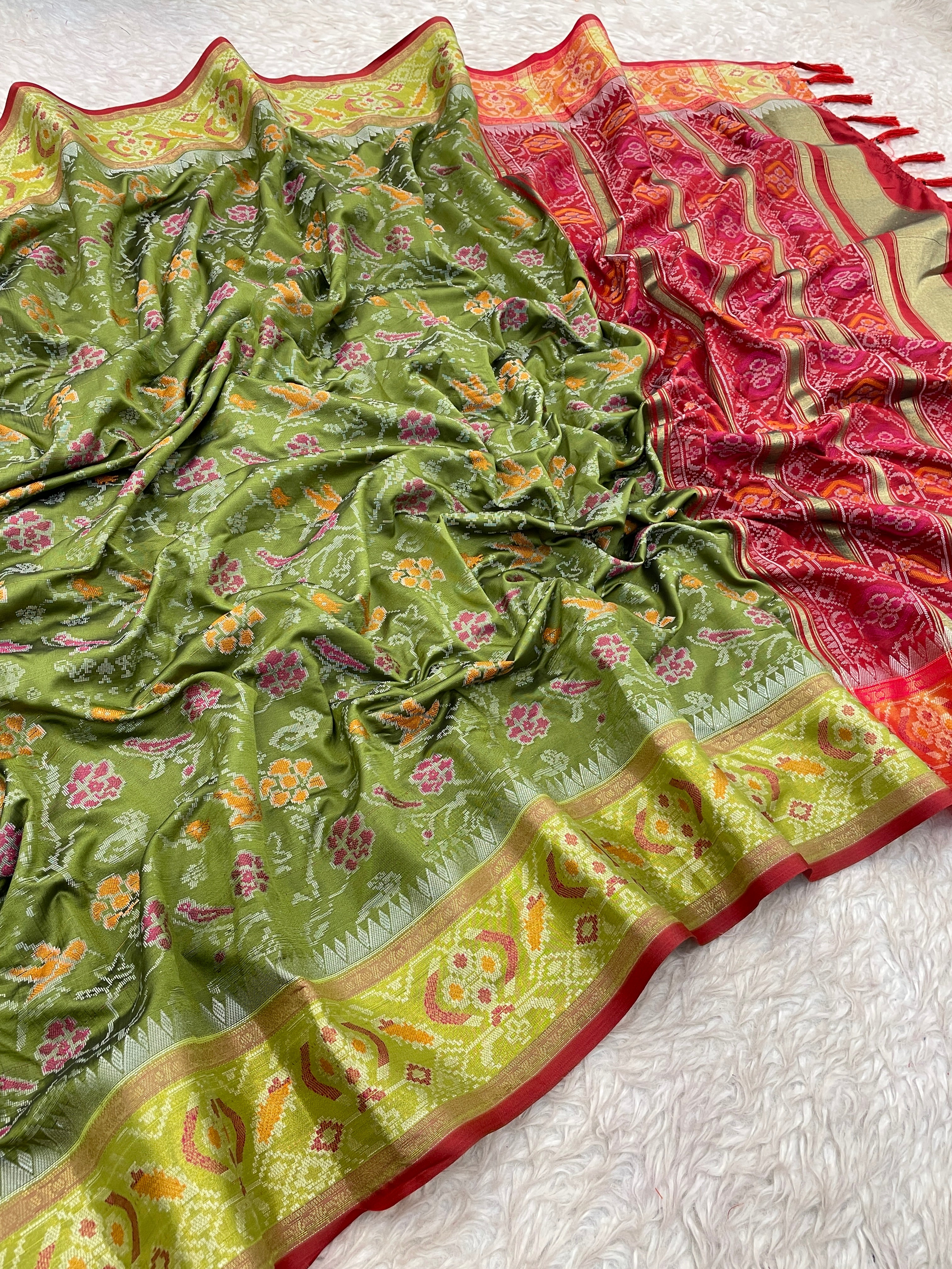 Olive Green Banarasi Patola Soft Silk Saree