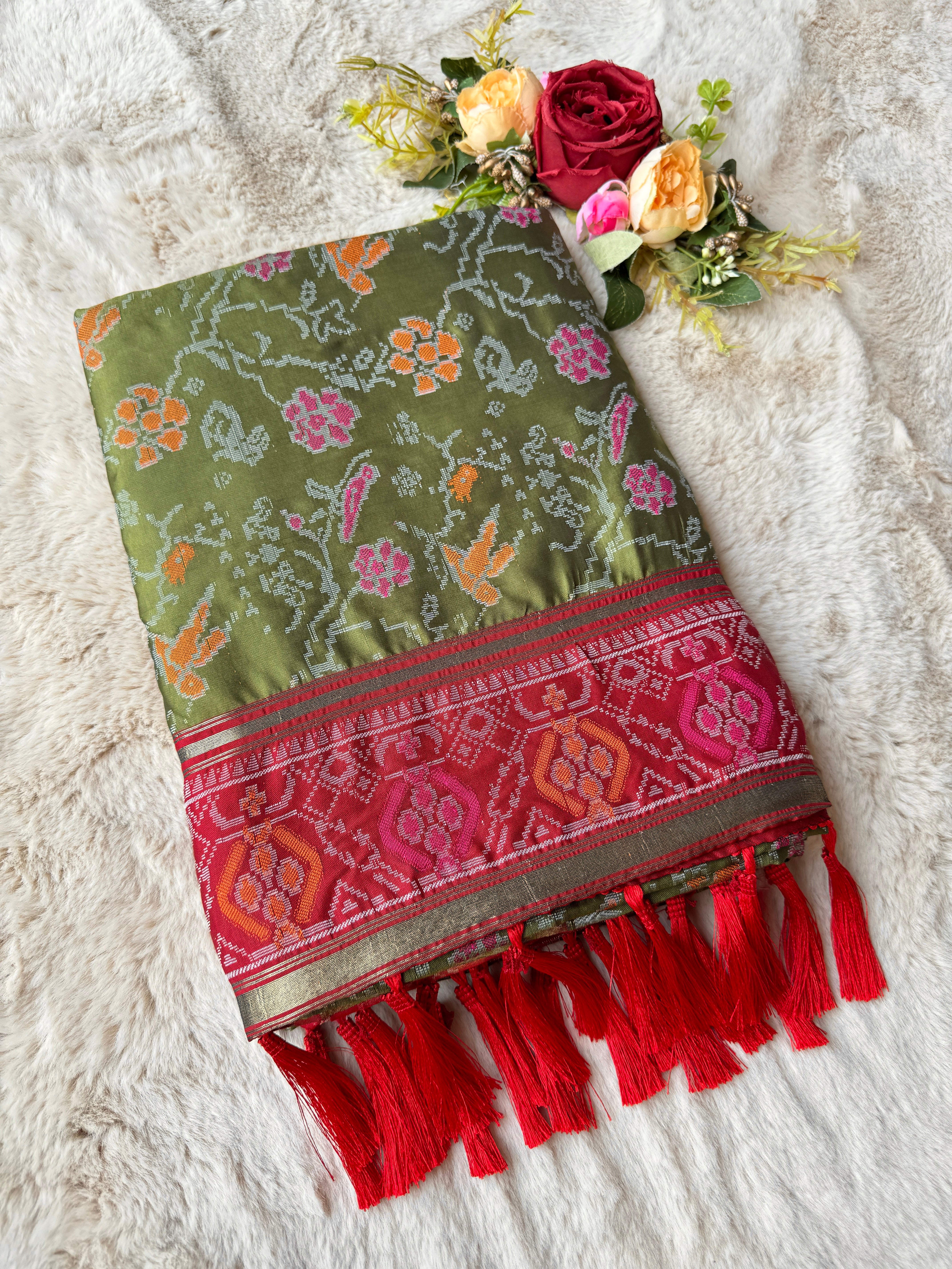 Olive Green Banarasi Patola Soft Silk Saree