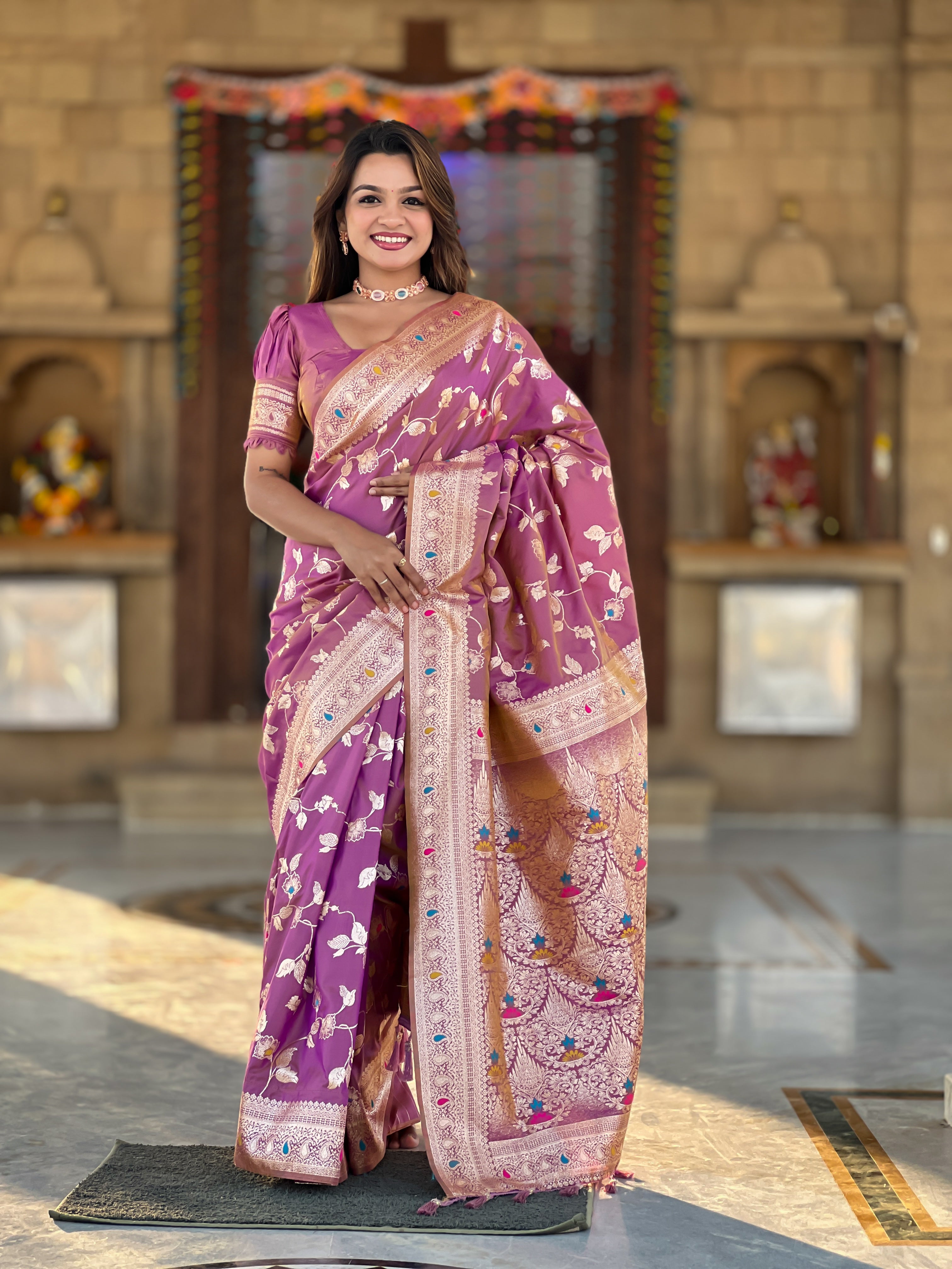 Onion Pink Zari Embroidered Banarasi Silk Saree