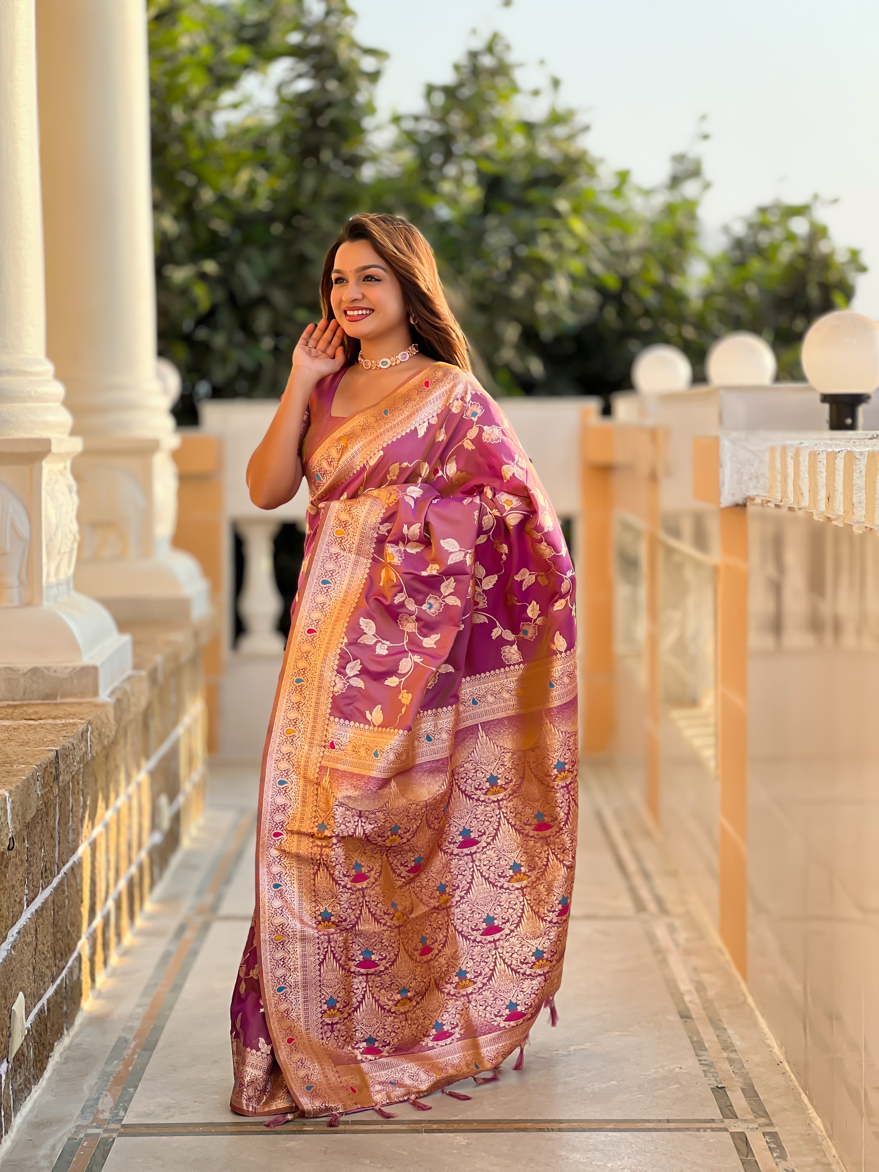 Onion Pink Zari Embroidered Banarasi Silk Saree