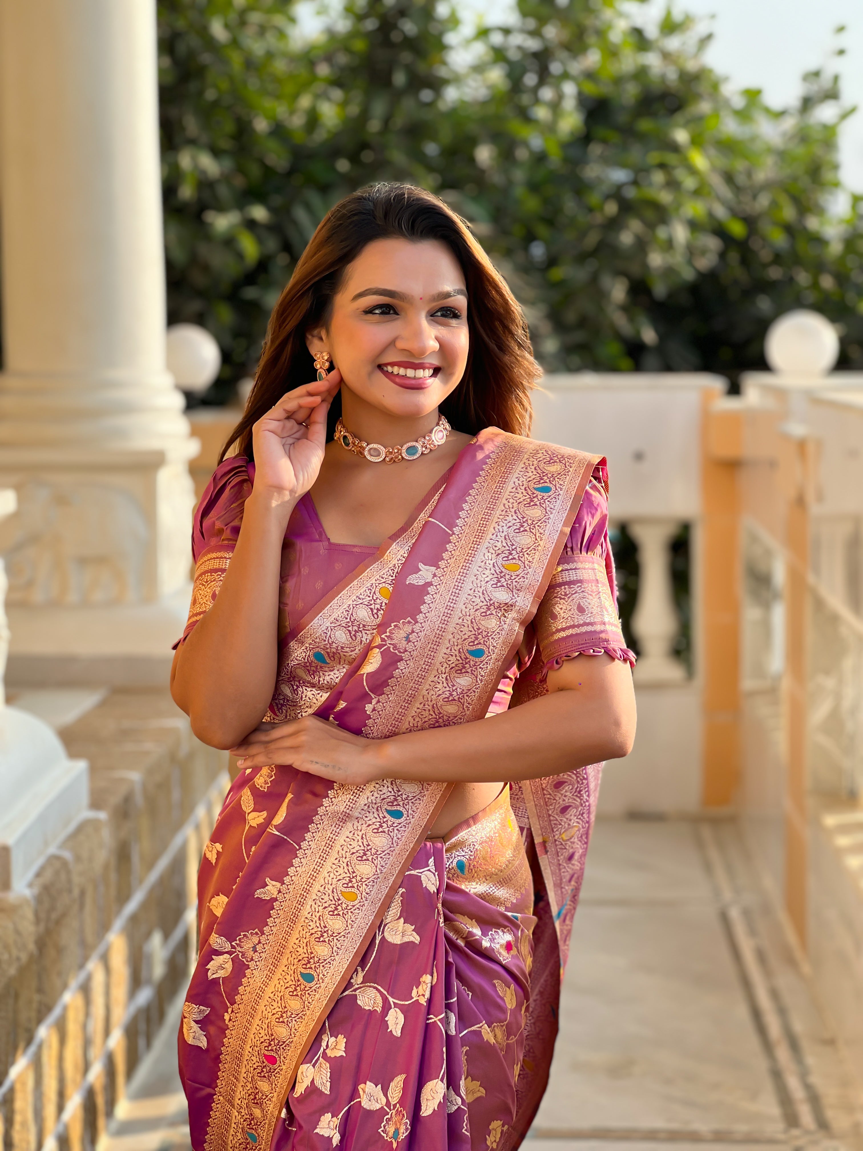 Onion Pink Zari Embroidered Banarasi Silk Saree