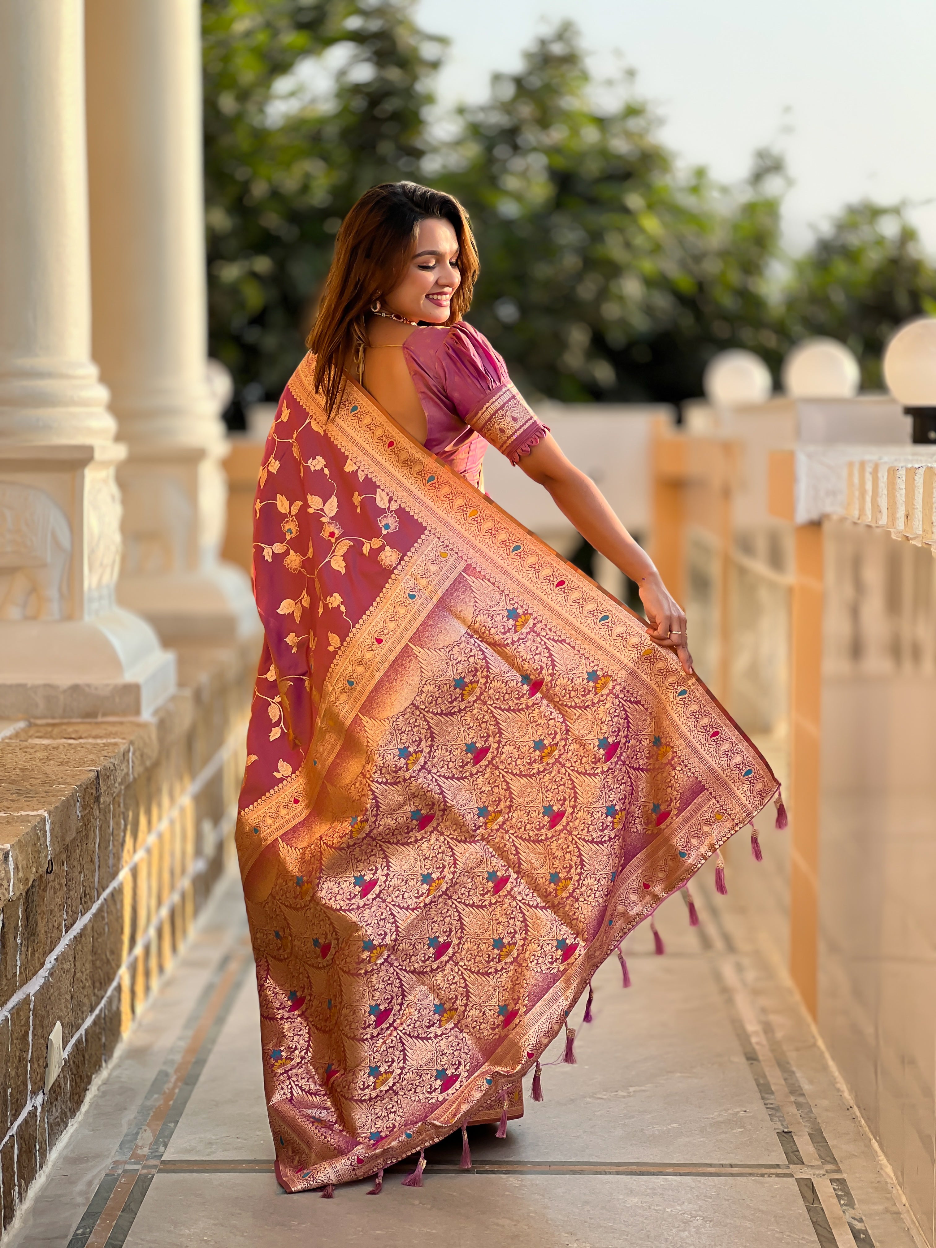 Onion Pink Zari Embroidered Banarasi Silk Saree