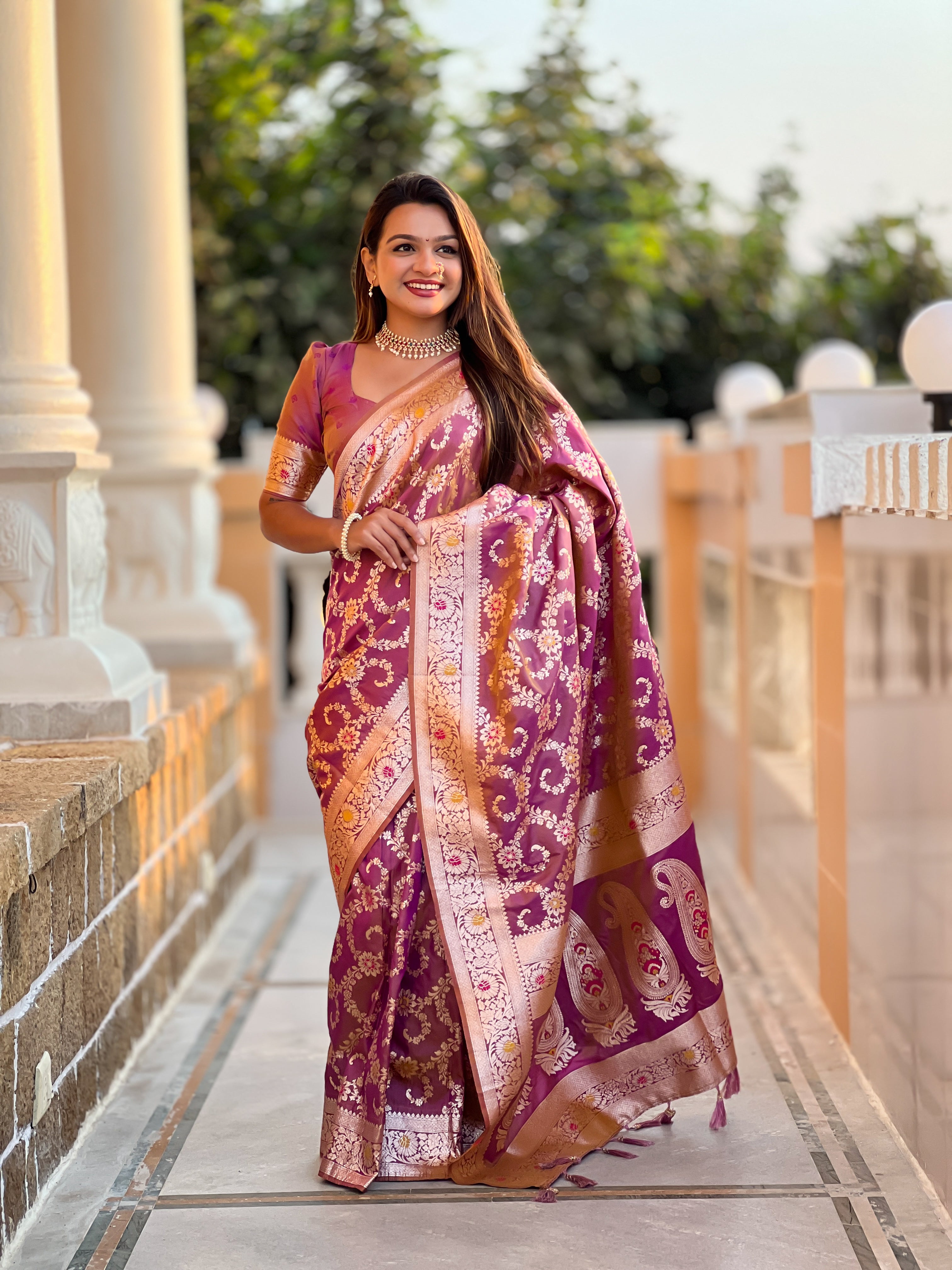 Onion Pink Soft Banarasi Silk Saree with Zari Weaving Meenakari