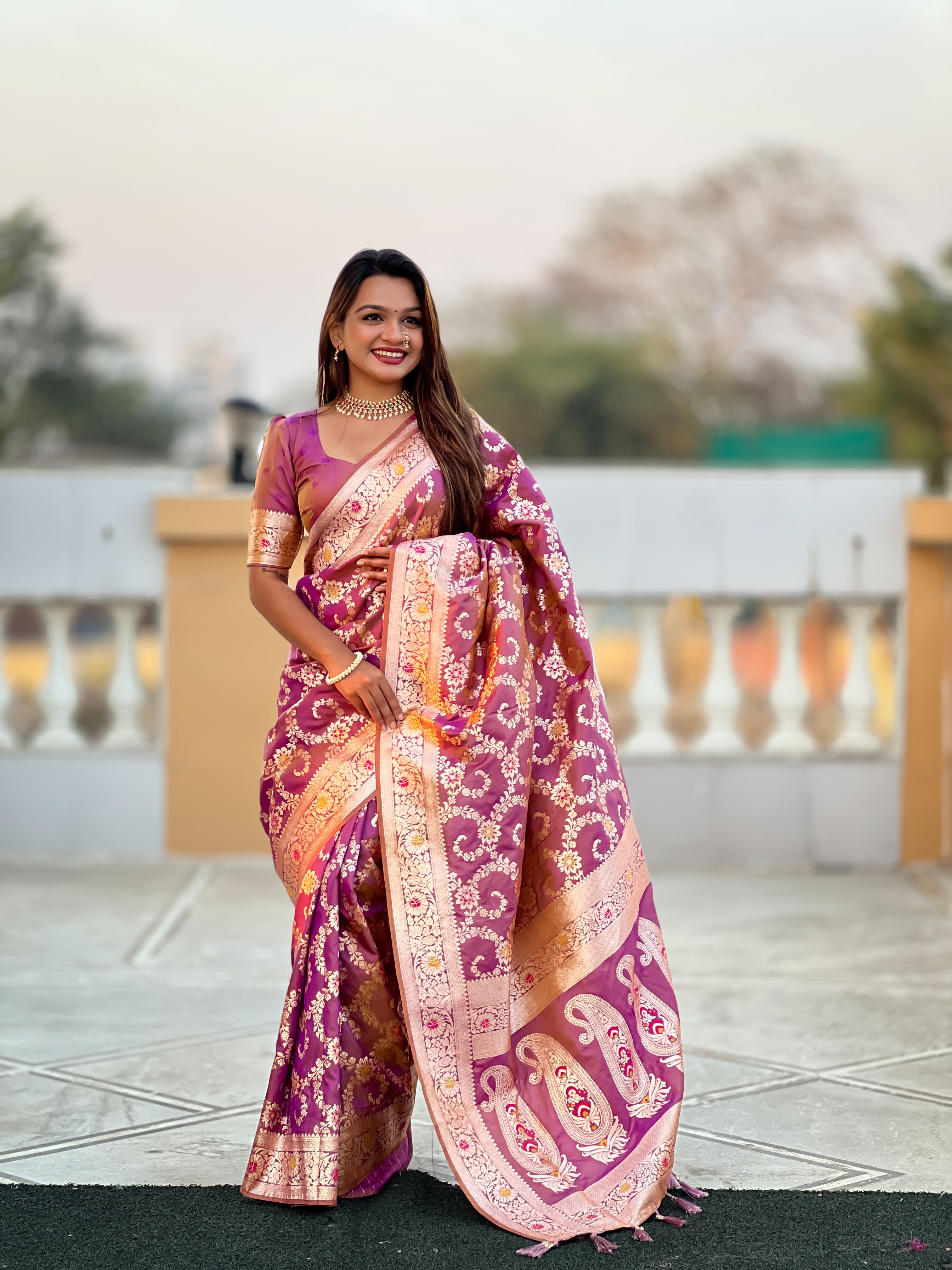 Onion Pink Soft Banarasi Silk Saree with Zari Weaving Meenakari