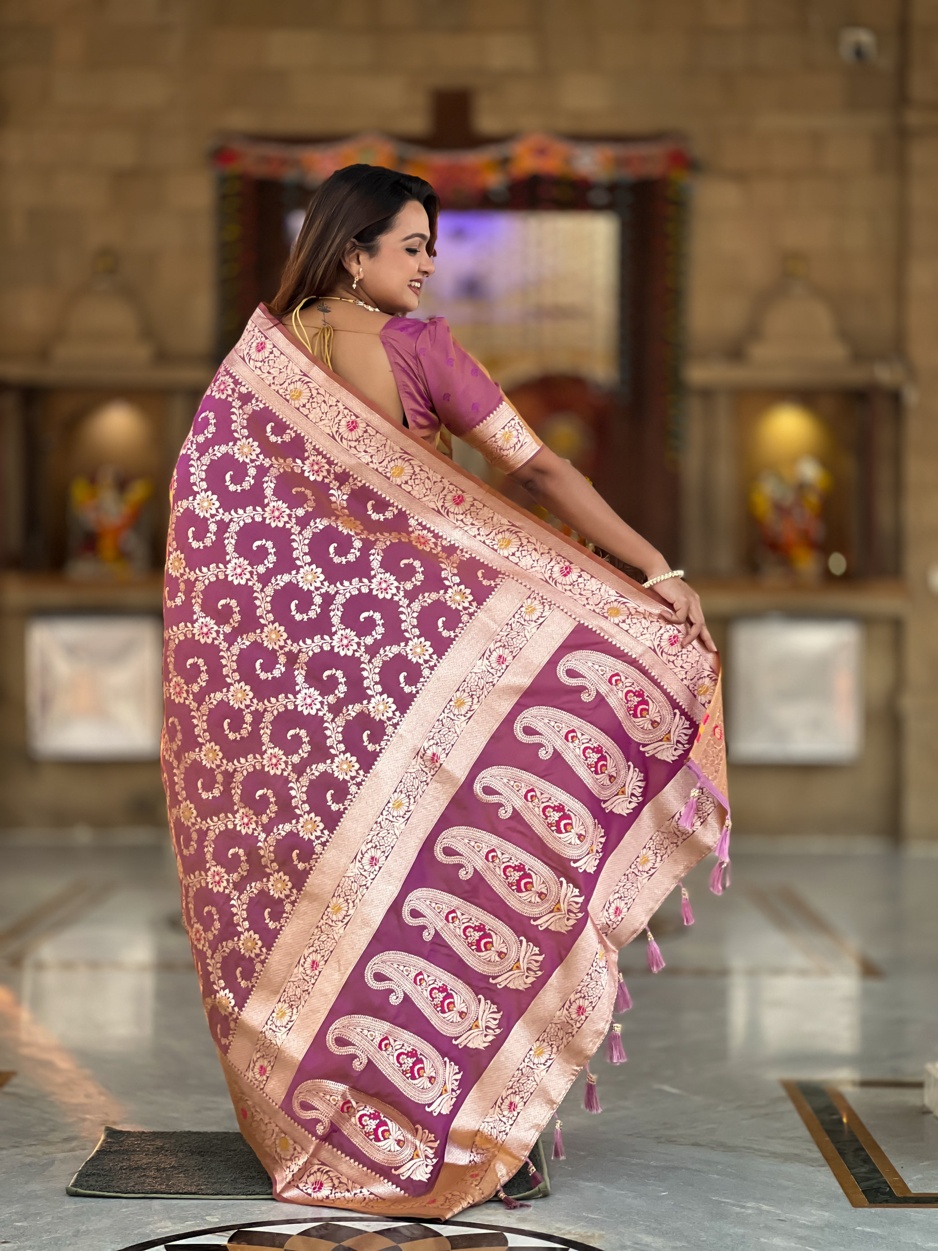 Onion Pink Soft Banarasi Silk Saree with Zari Weaving Meenakari