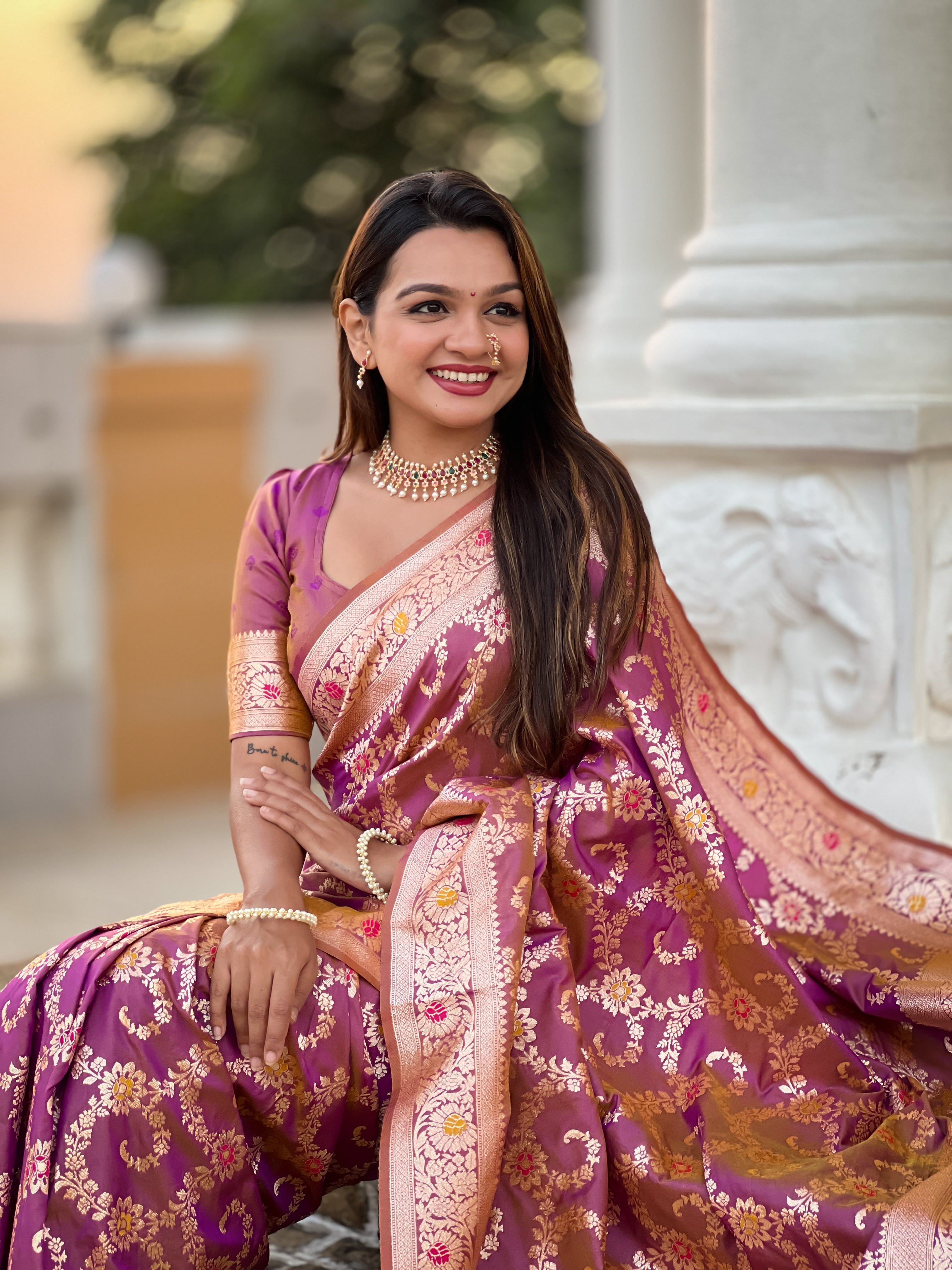 Onion Pink Soft Banarasi Silk Saree with Zari Weaving Meenakari