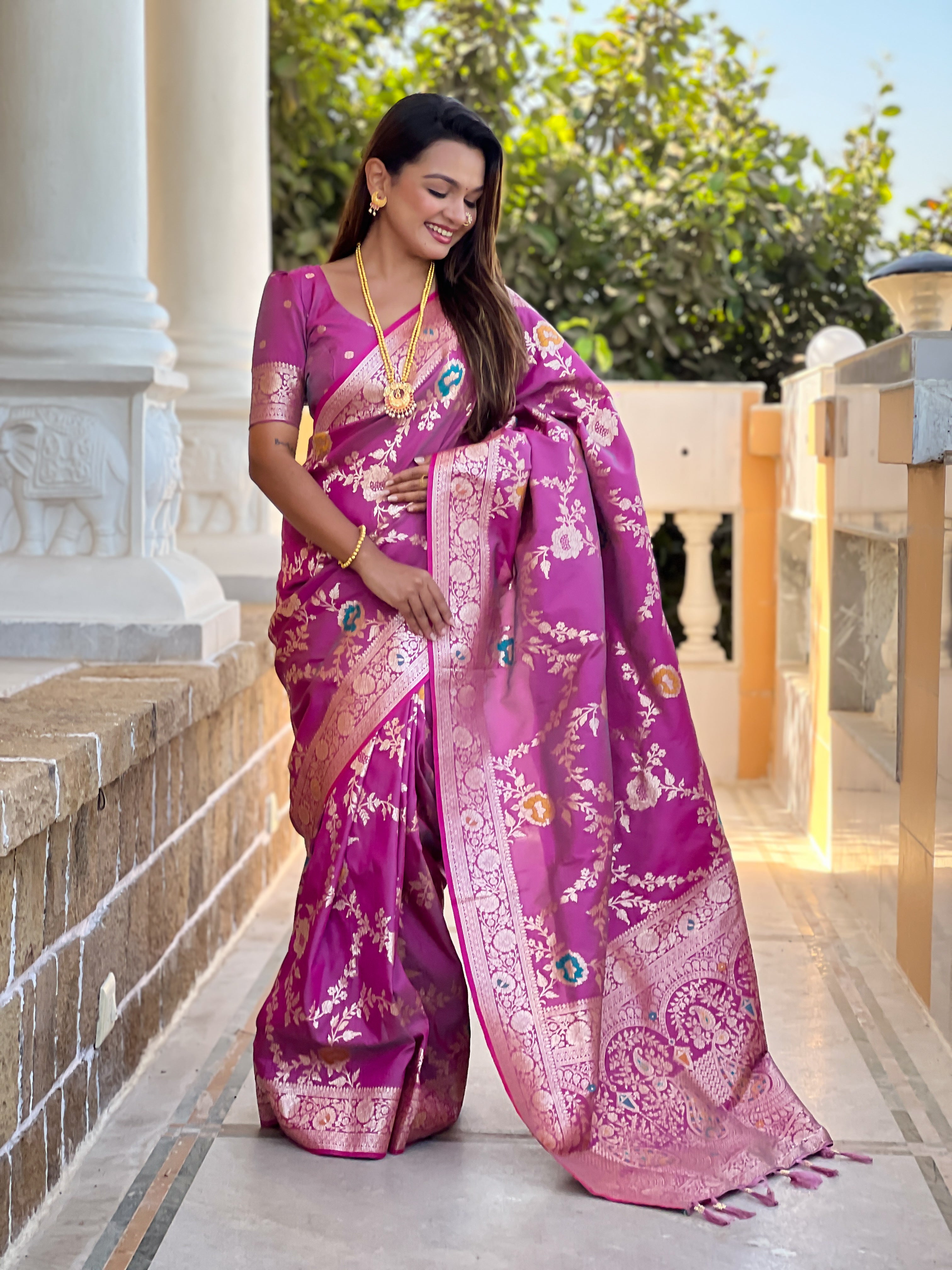 Onion Pink Soft Banarasi Silk Saree with Zari Weaving Meenakari Touchup Design