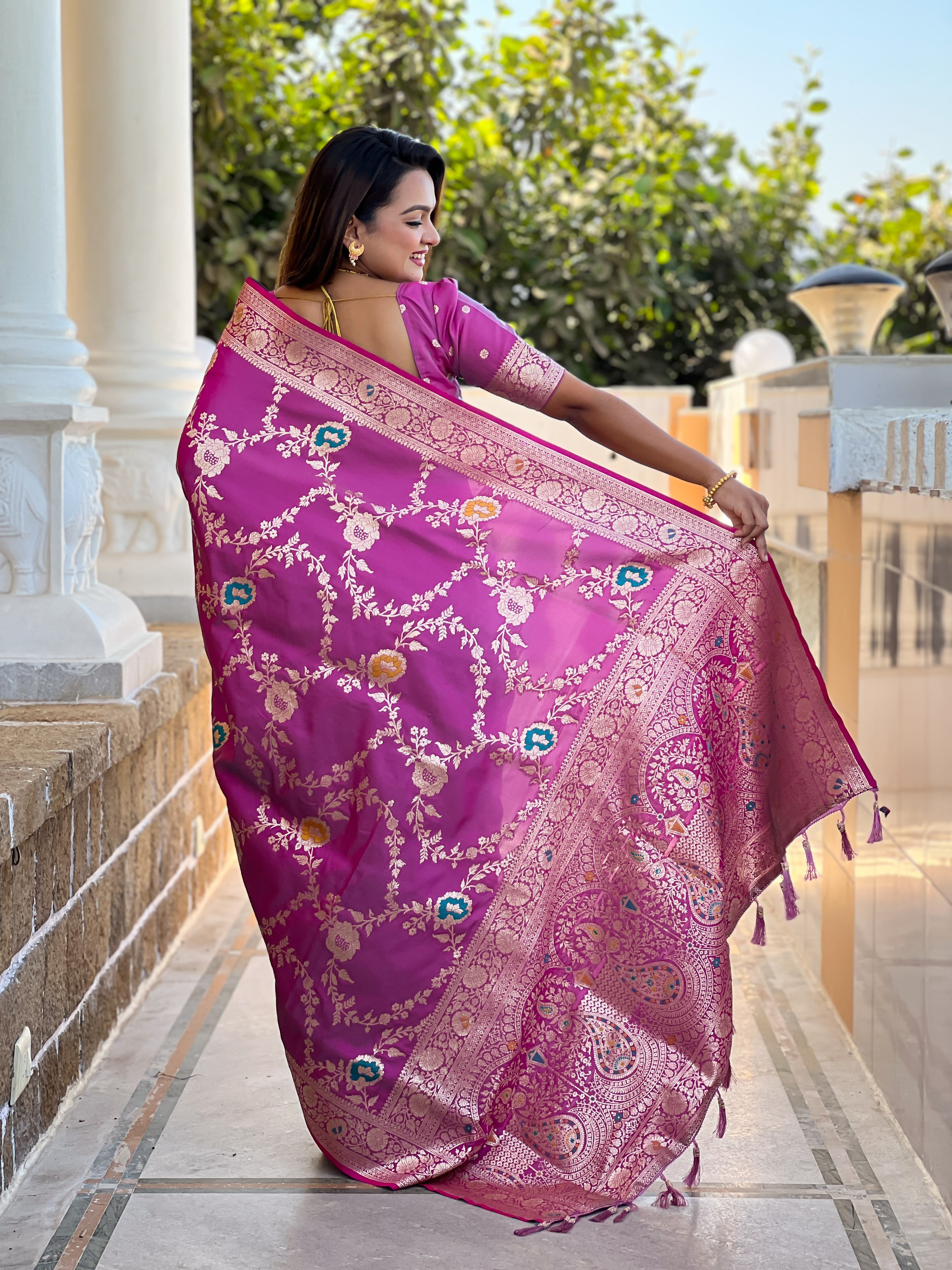 Onion Pink Soft Banarasi Silk Saree with Zari Weaving Meenakari Touchup Design