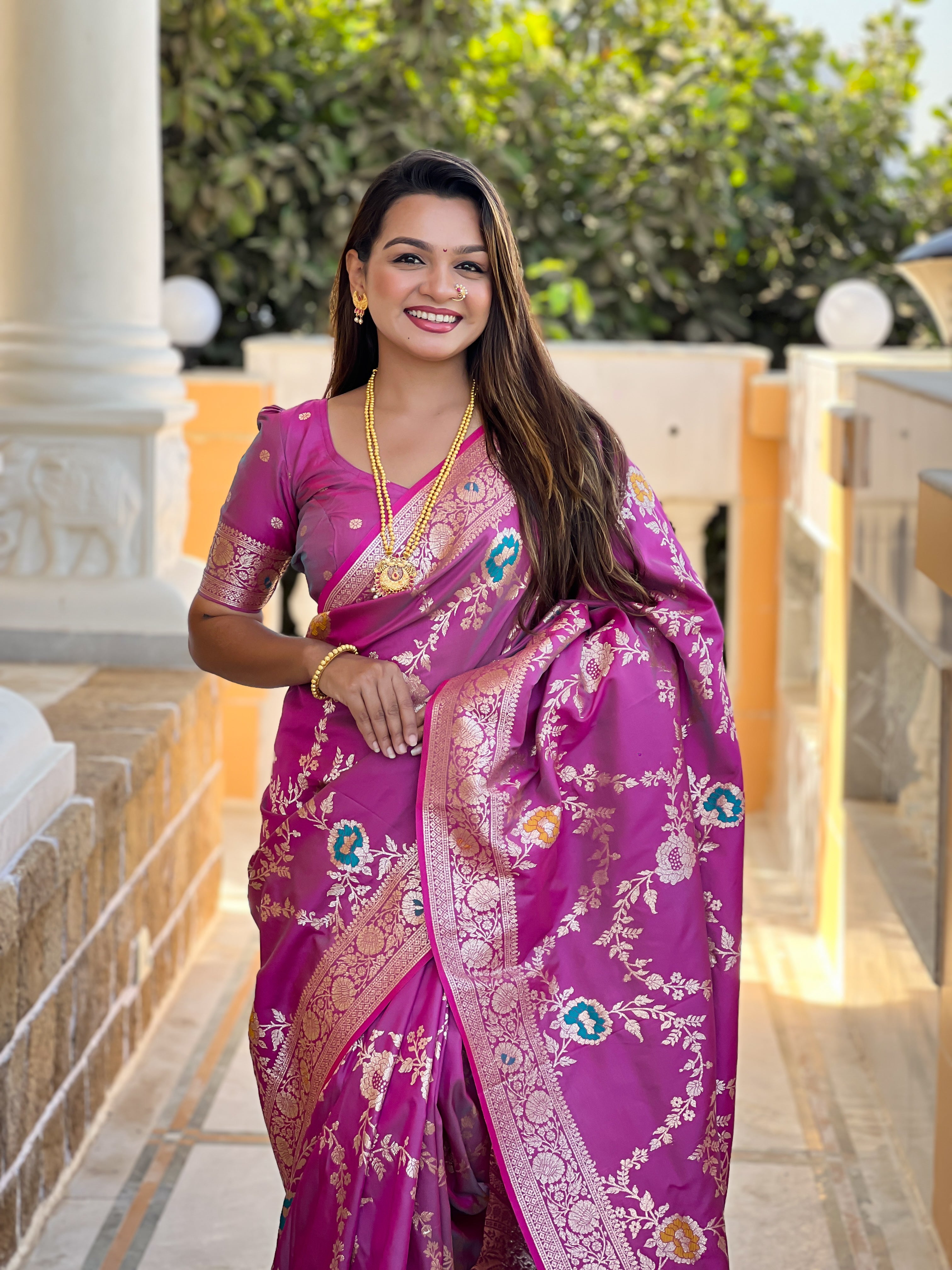 Onion Pink Soft Banarasi Silk Saree with Zari Weaving Meenakari Touchup Design
