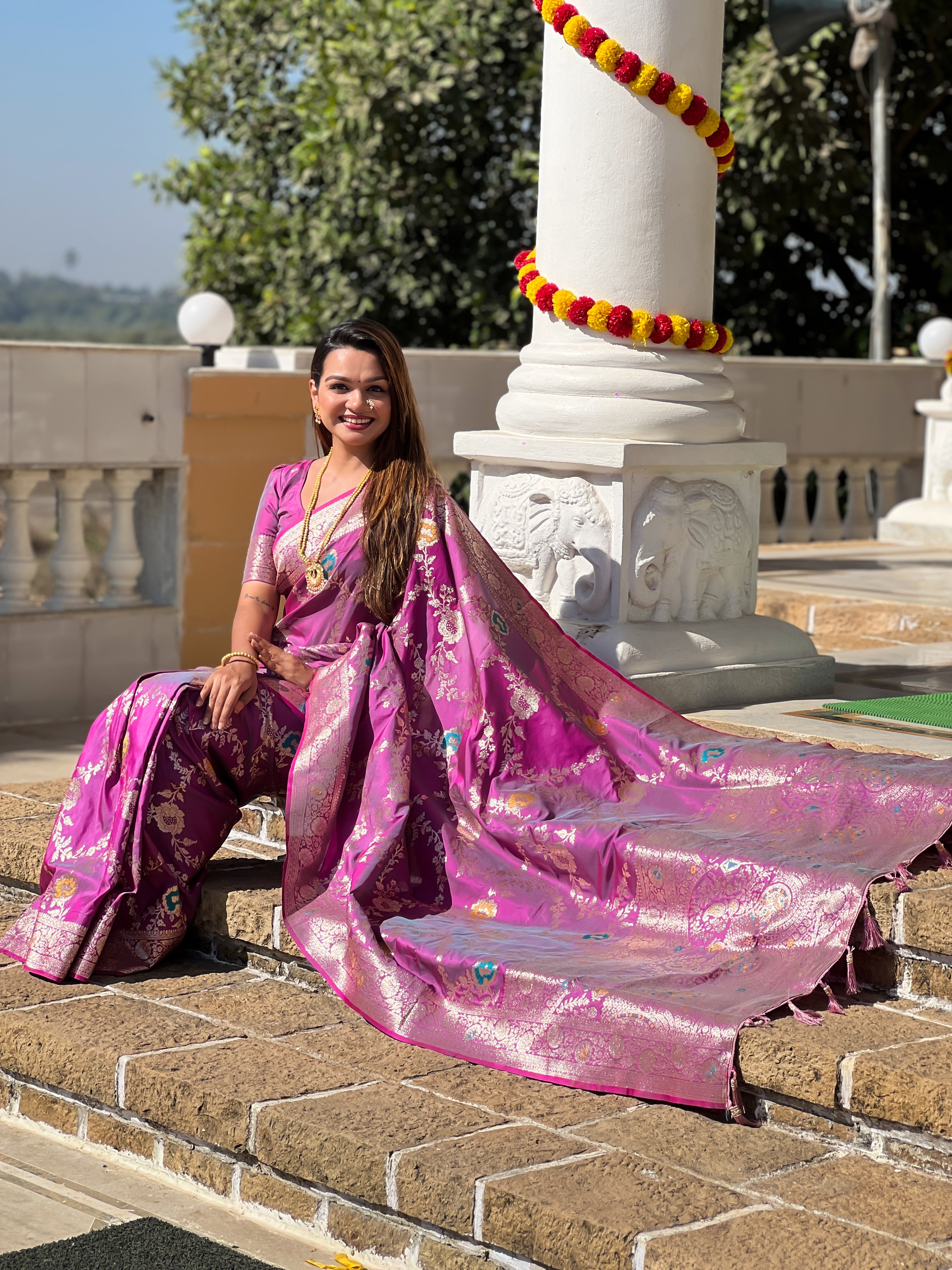 Onion Pink Soft Banarasi Silk Saree with Zari Weaving Meenakari Touchup Design