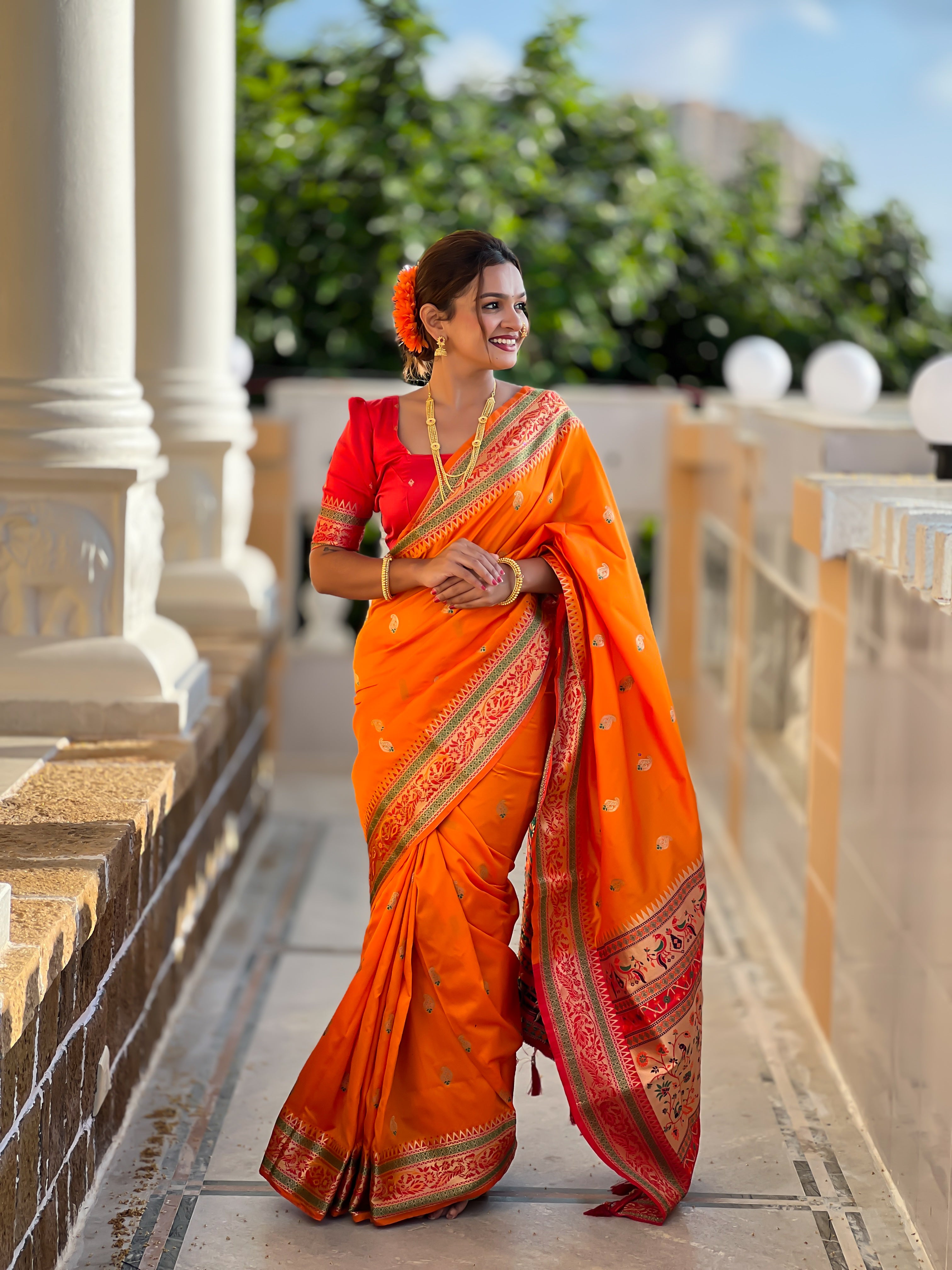 Orange Zari Embroidered Paithani Silk Saree