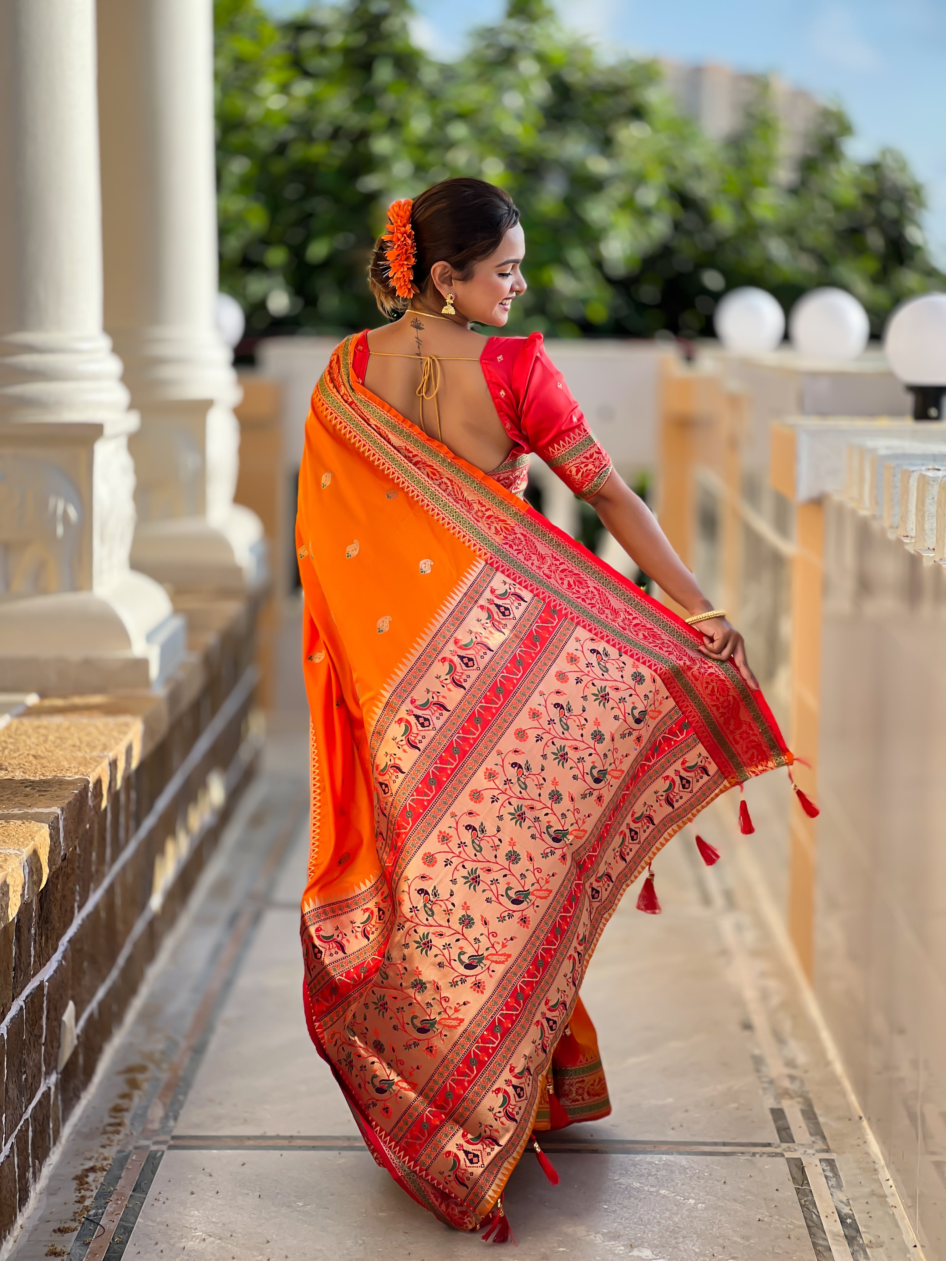 Orange Zari Embroidered Paithani Silk Saree