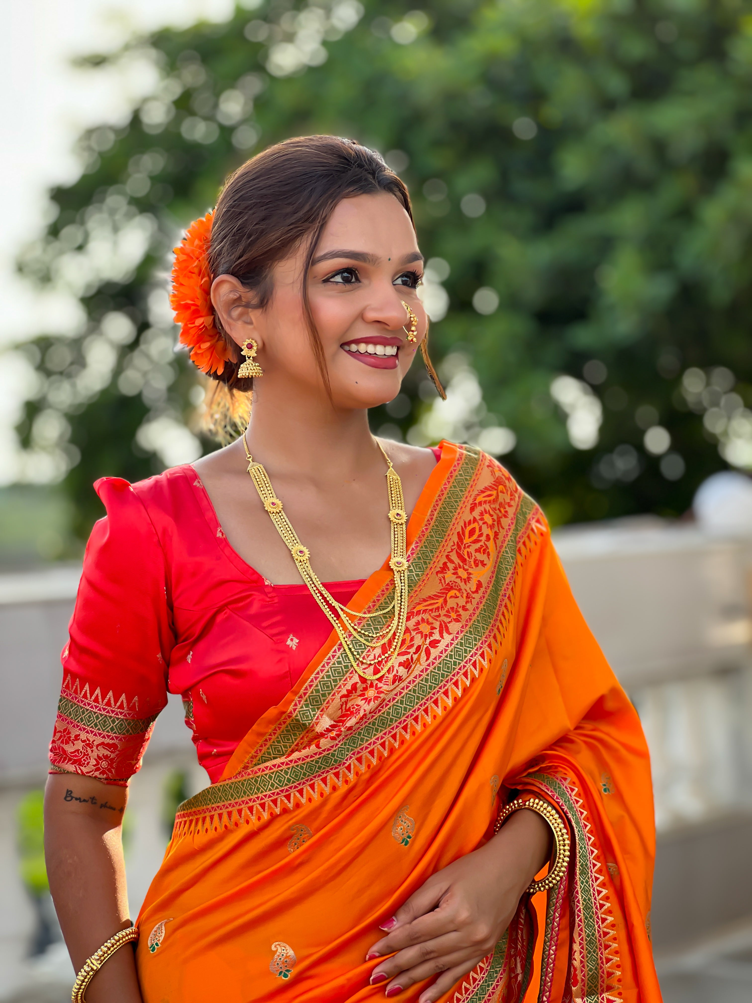 Orange Zari Embroidered Paithani Silk Saree