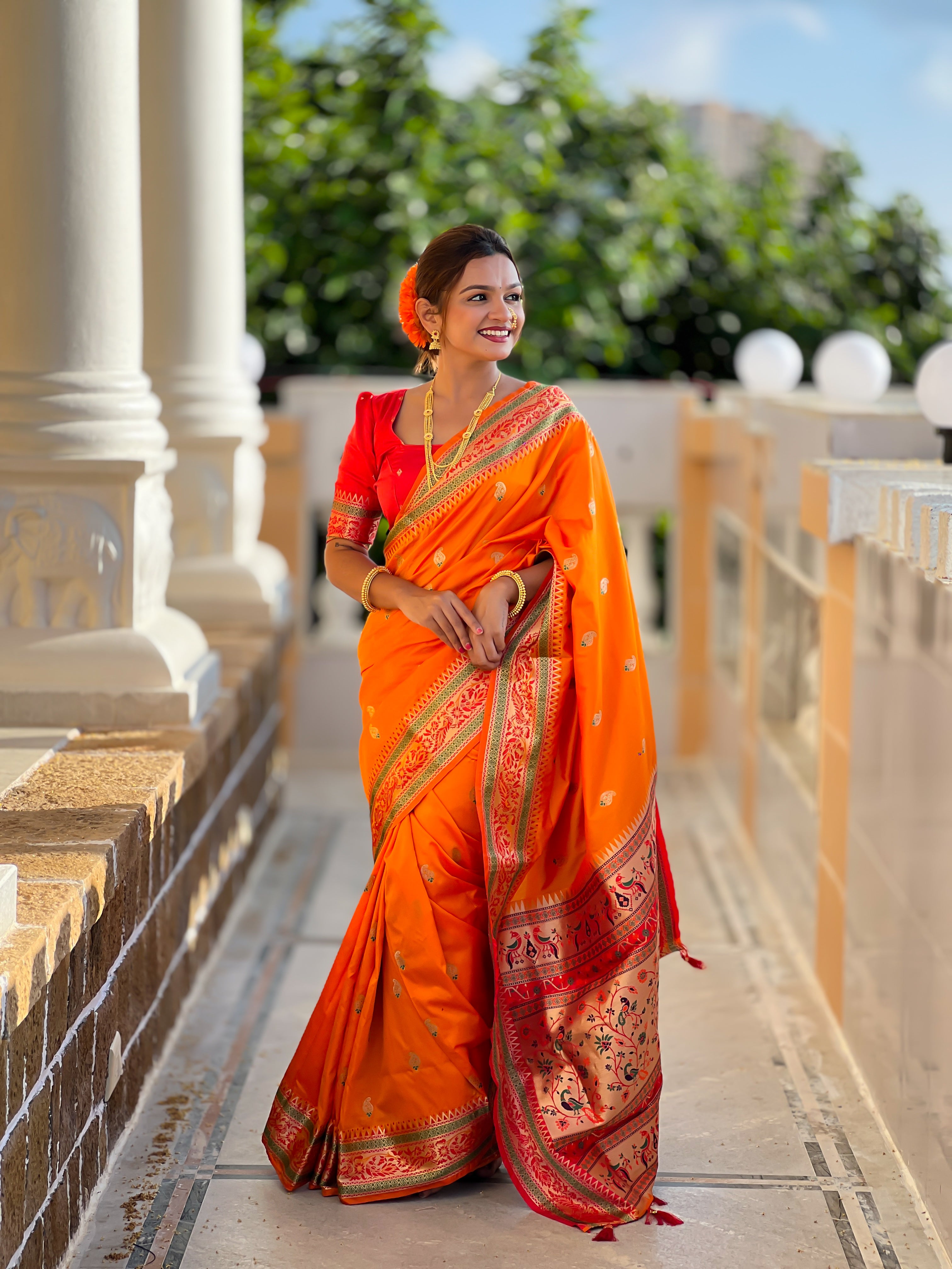 Orange Zari Embroidered Paithani Silk Saree