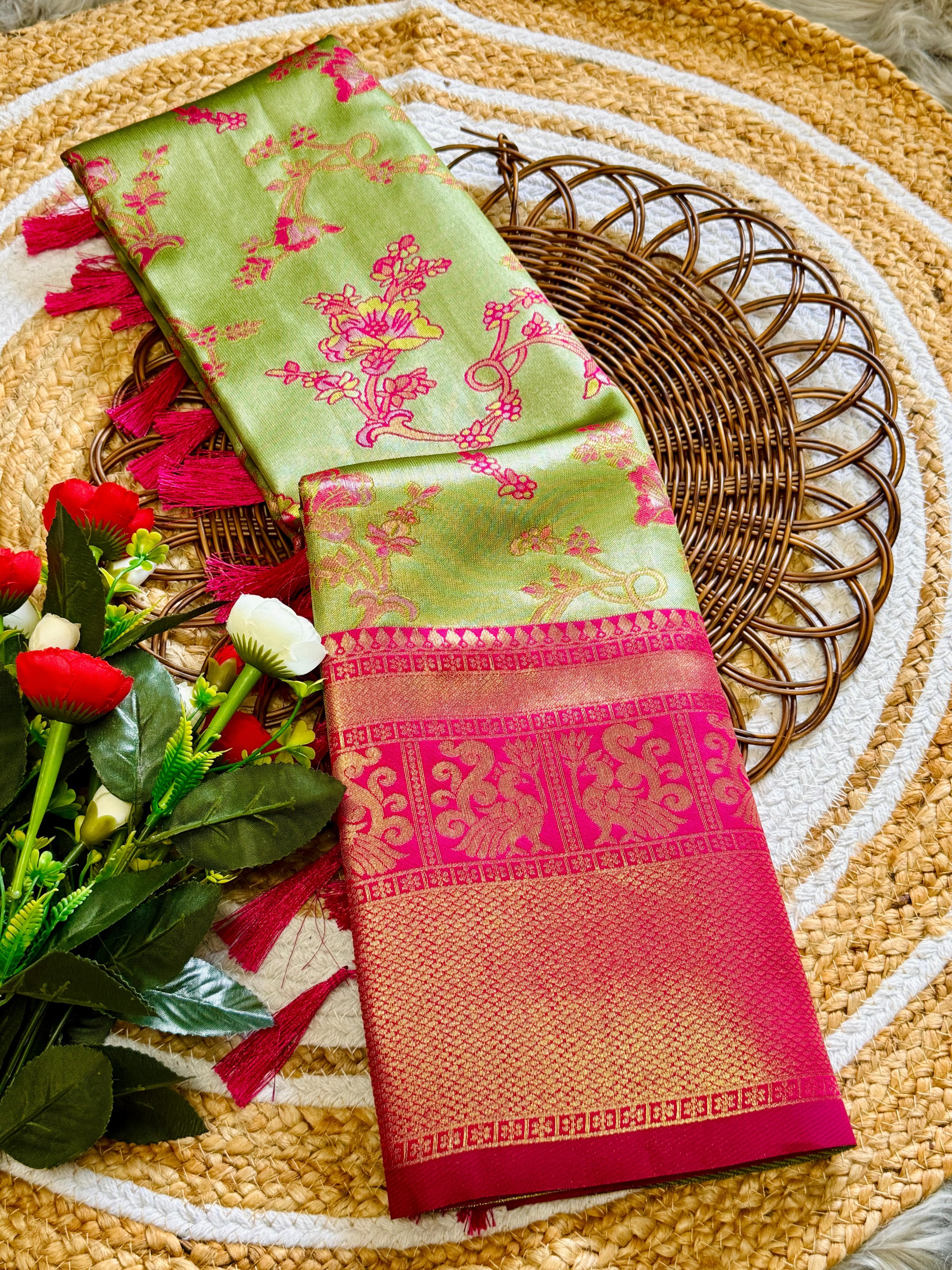 Pale Olive Soft Tissue Silk Saree