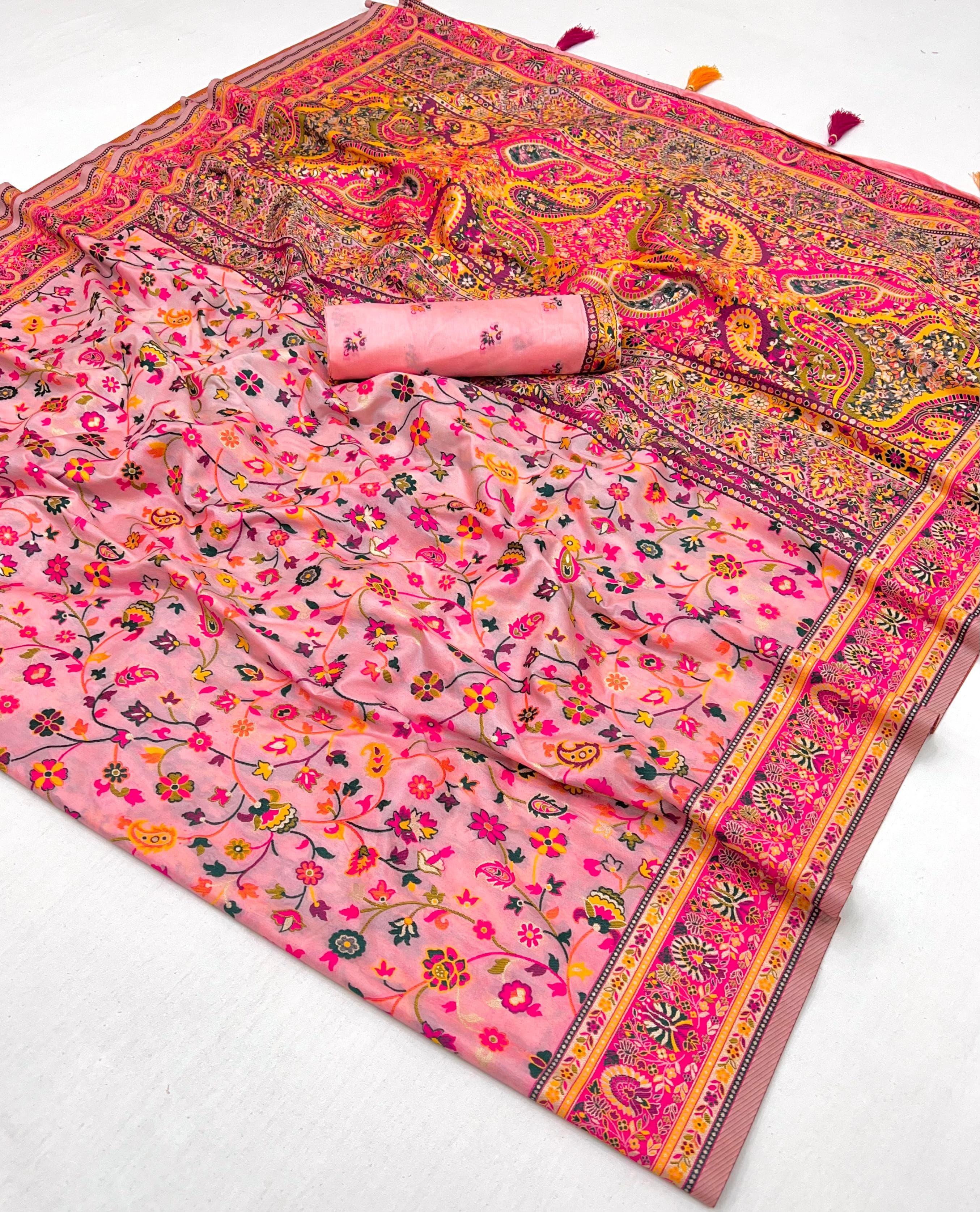 Pale Rose Pashmina Kashmiri Sarees with meena weaves and kashmiri weaves