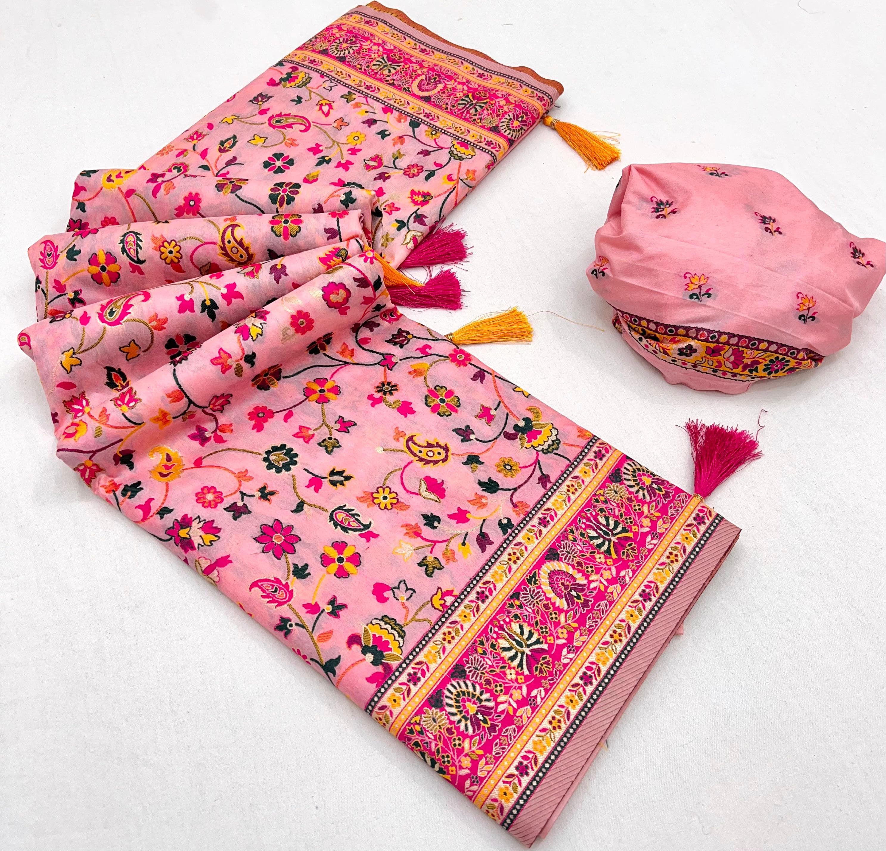 Pale Rose Pashmina Kashmiri Sarees with meena weaves and kashmiri weaves