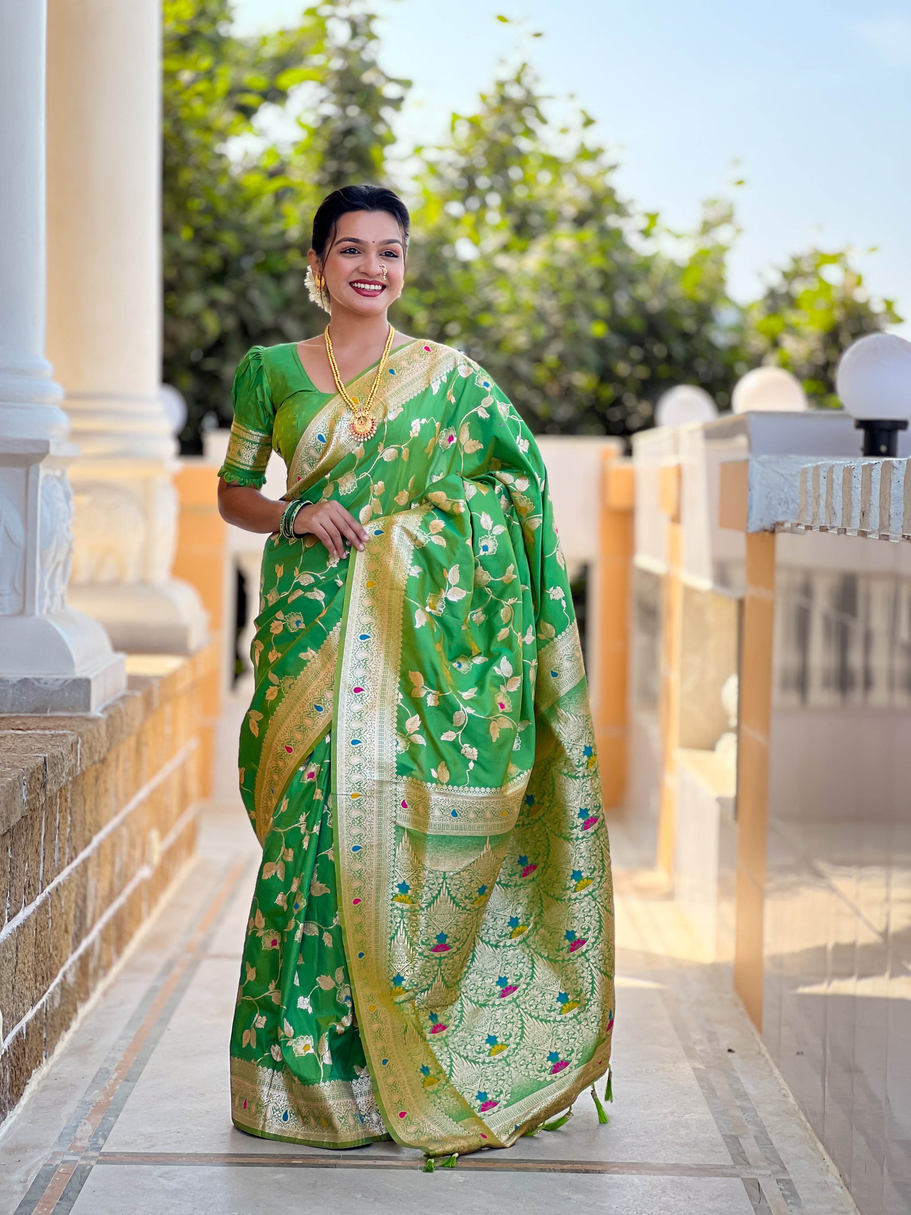 Parrot Green Zari Embroidered Banarasi Silk Saree