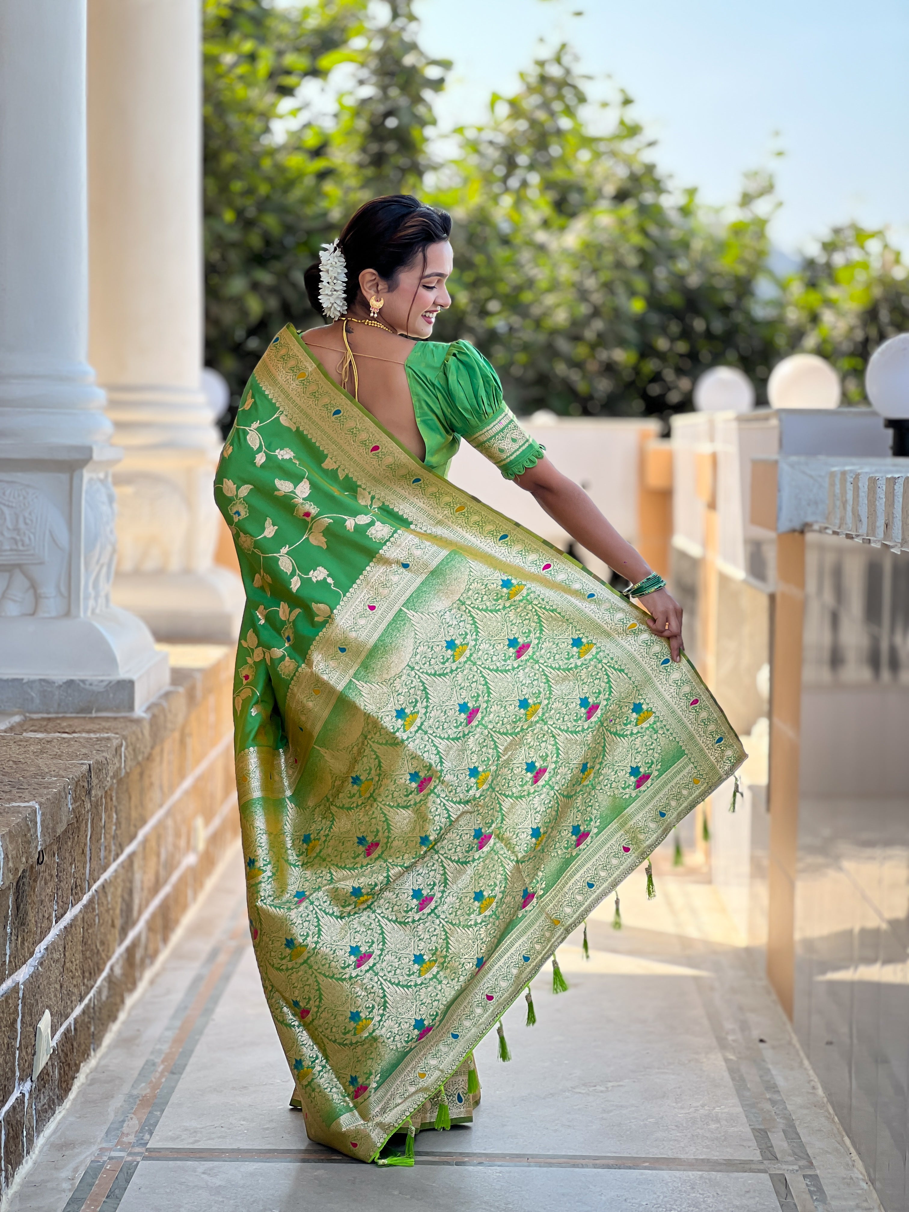 Parrot Green Zari Embroidered Banarasi Silk Saree