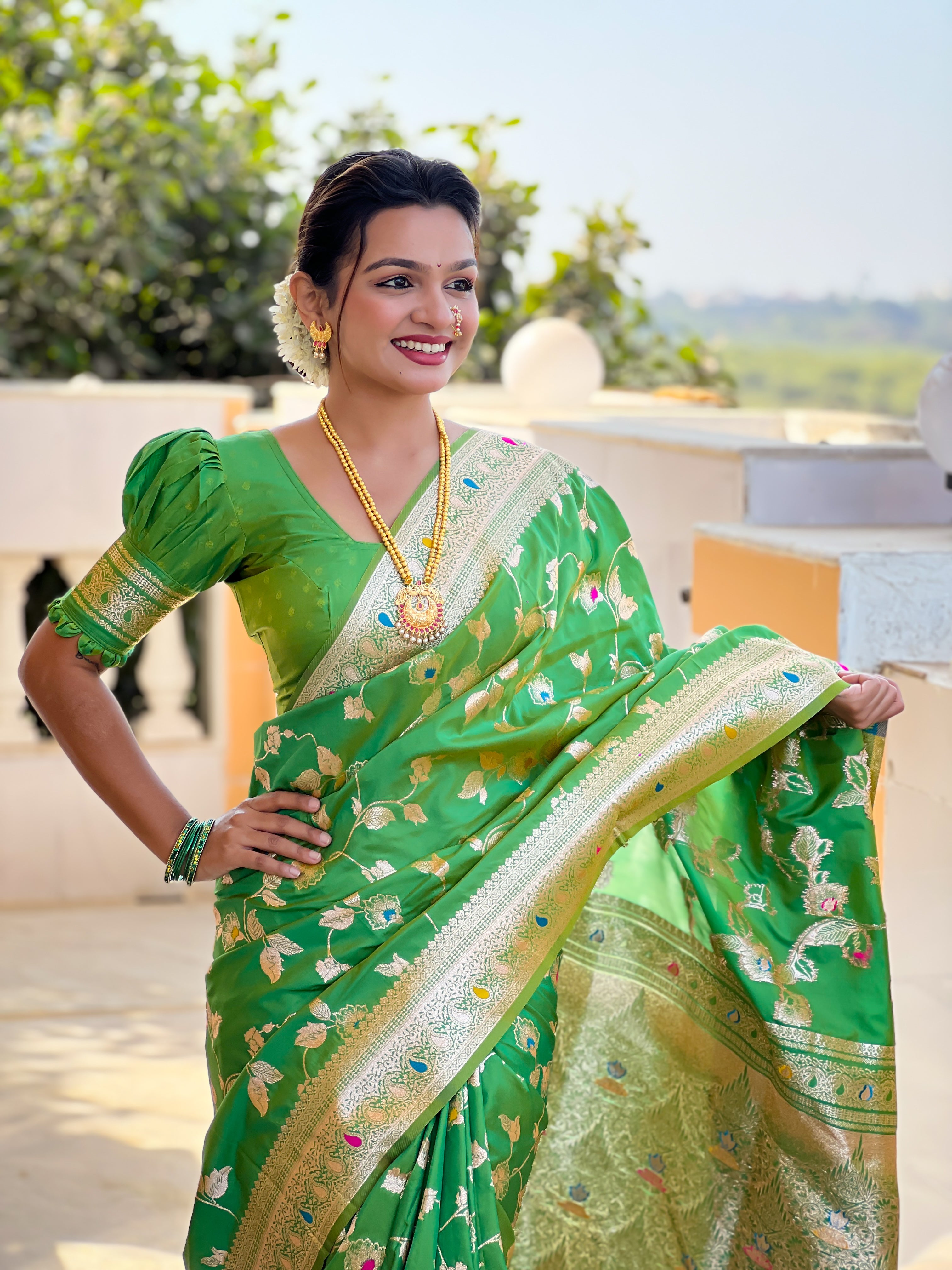 Parrot Green Zari Embroidered Banarasi Silk Saree