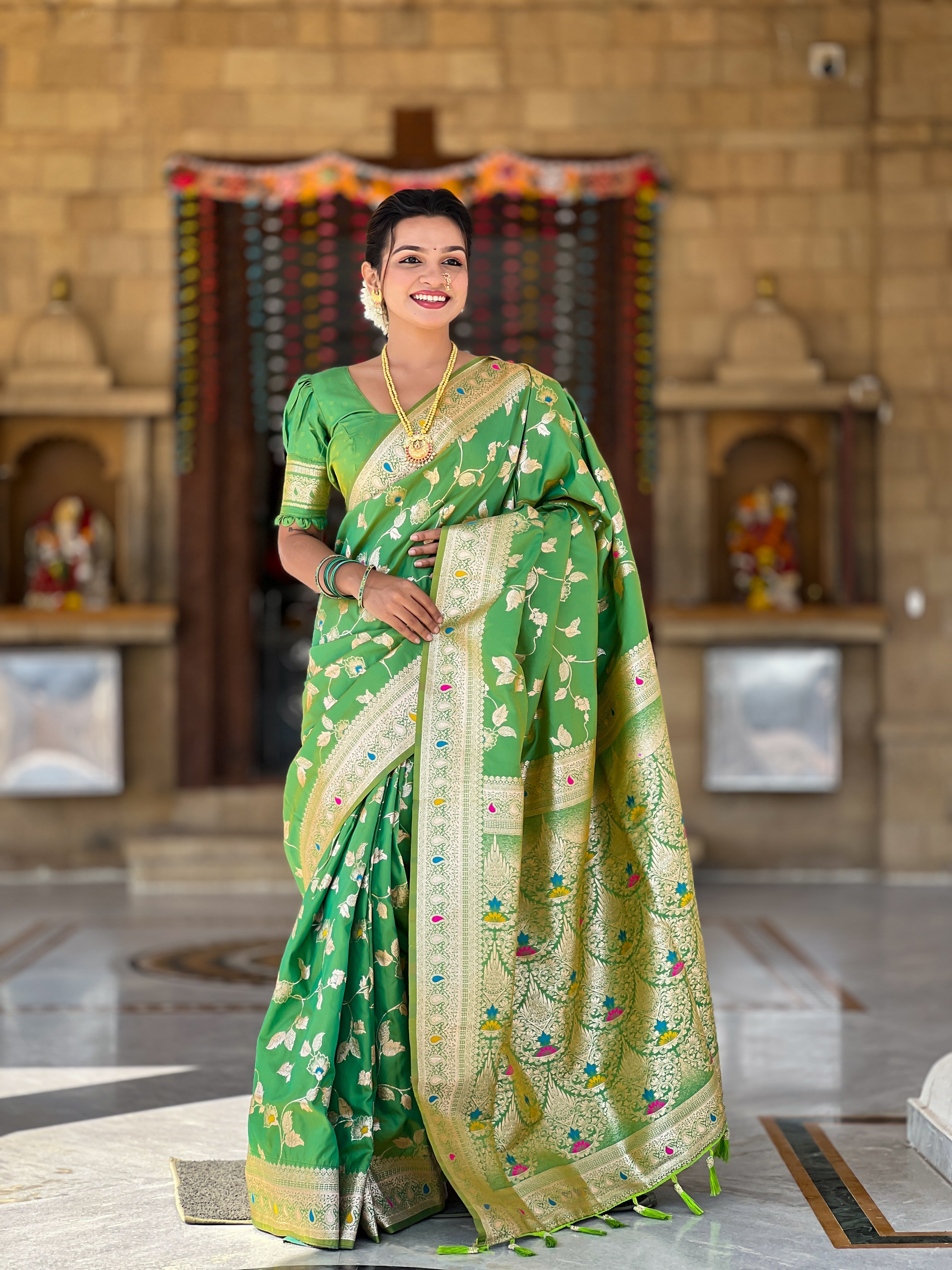 Parrot Green Zari Embroidered Banarasi Silk Saree