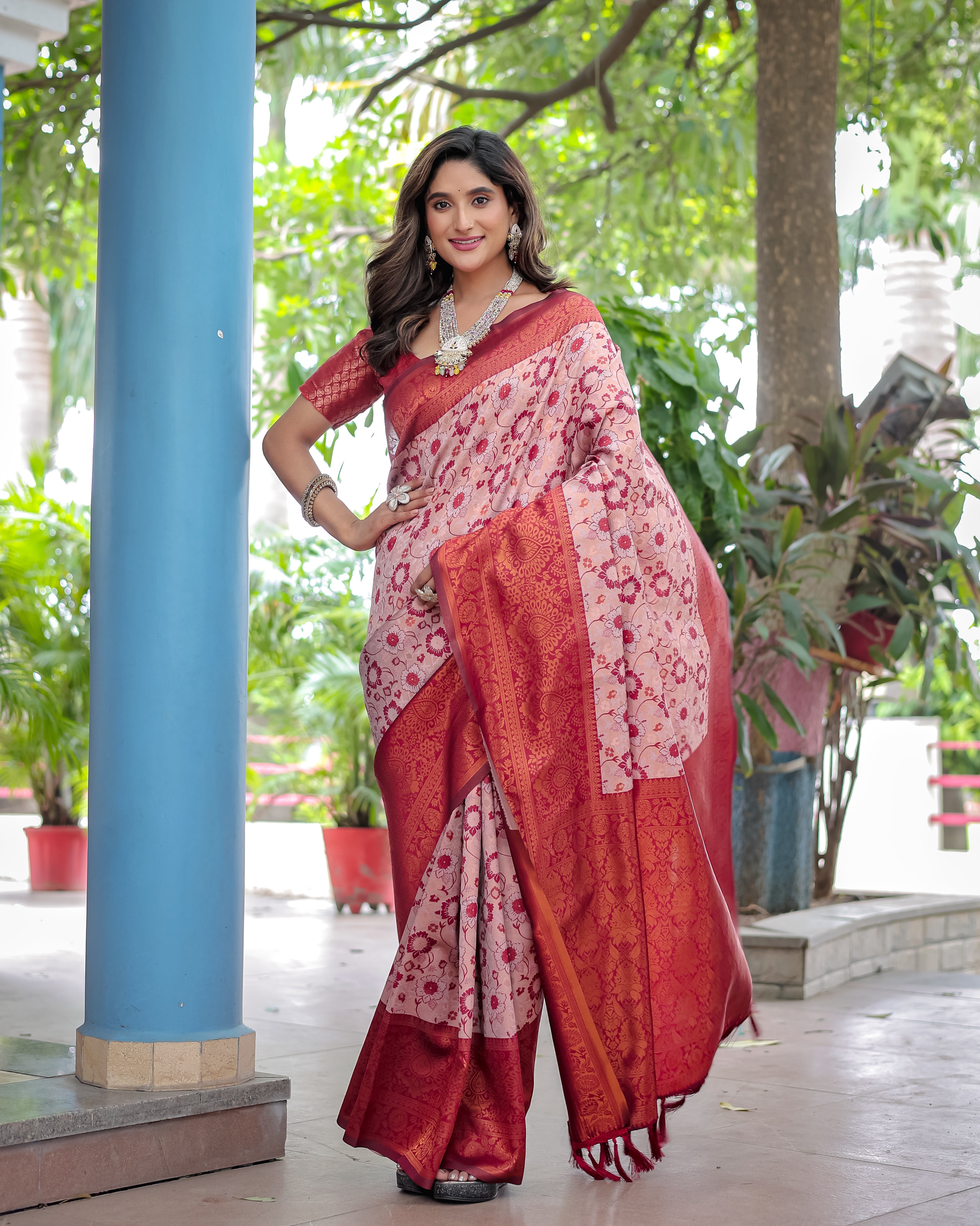Peach Designer Tassels Banarsi Silk Saree