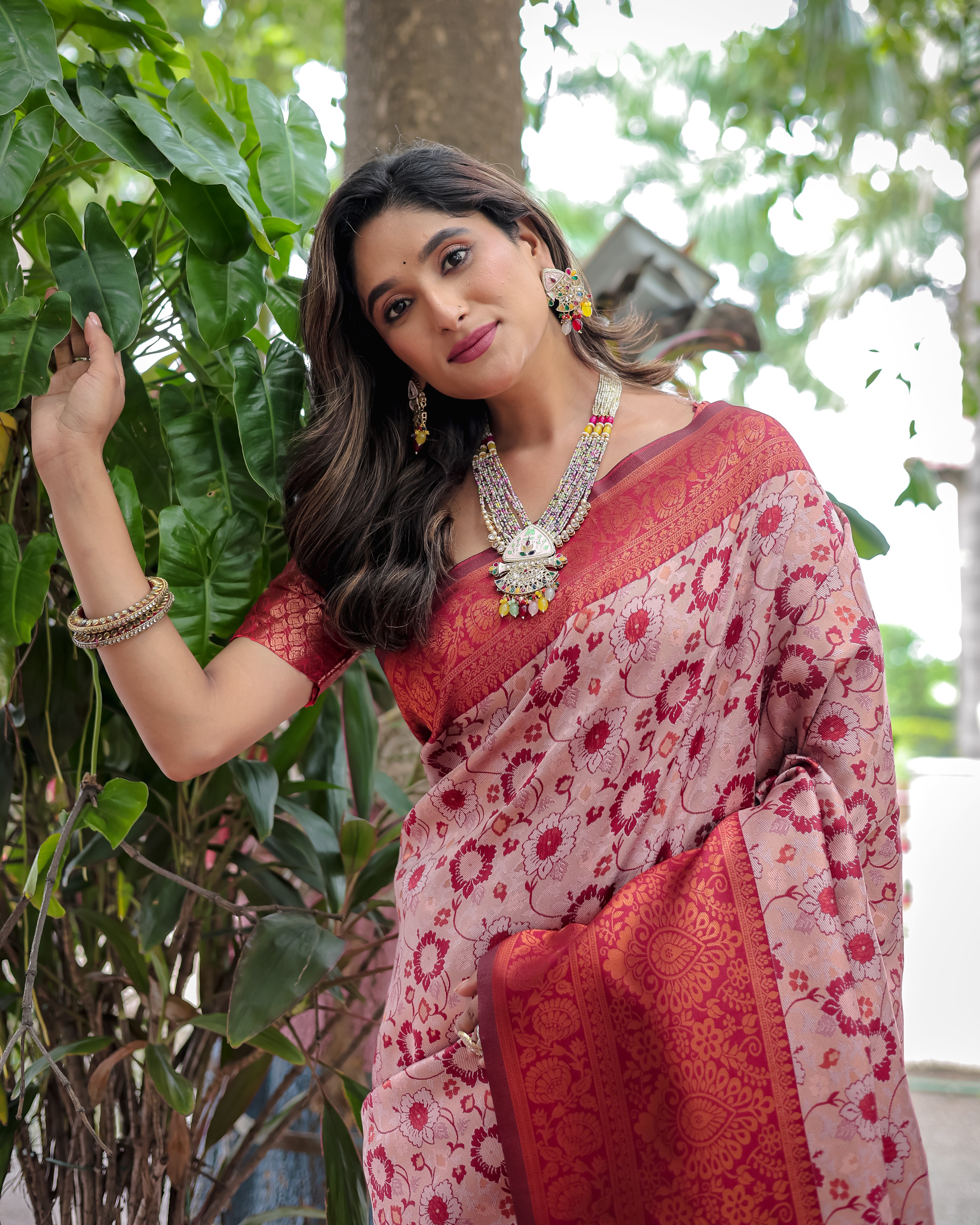 Peach Designer Tassels Banarsi Silk Saree