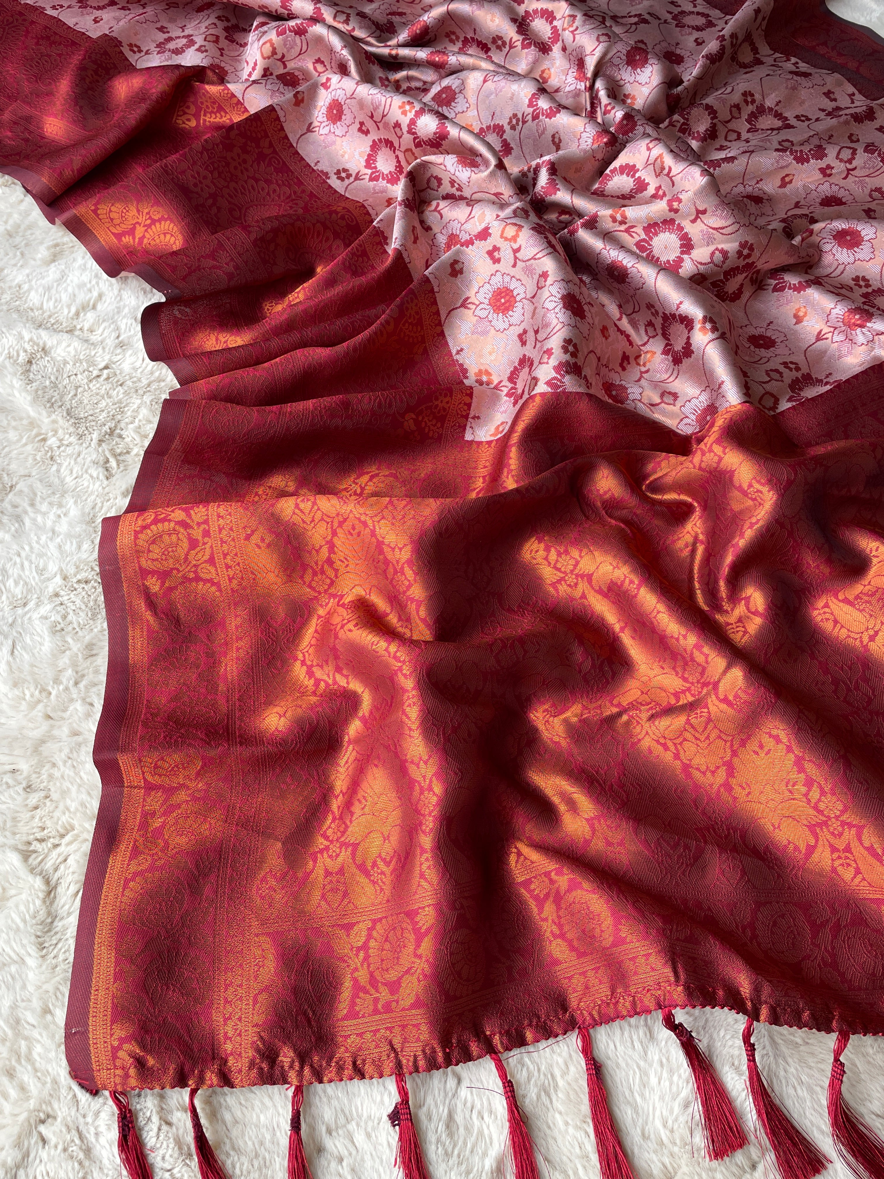 Peach Designer Tassels Banarsi Silk Saree