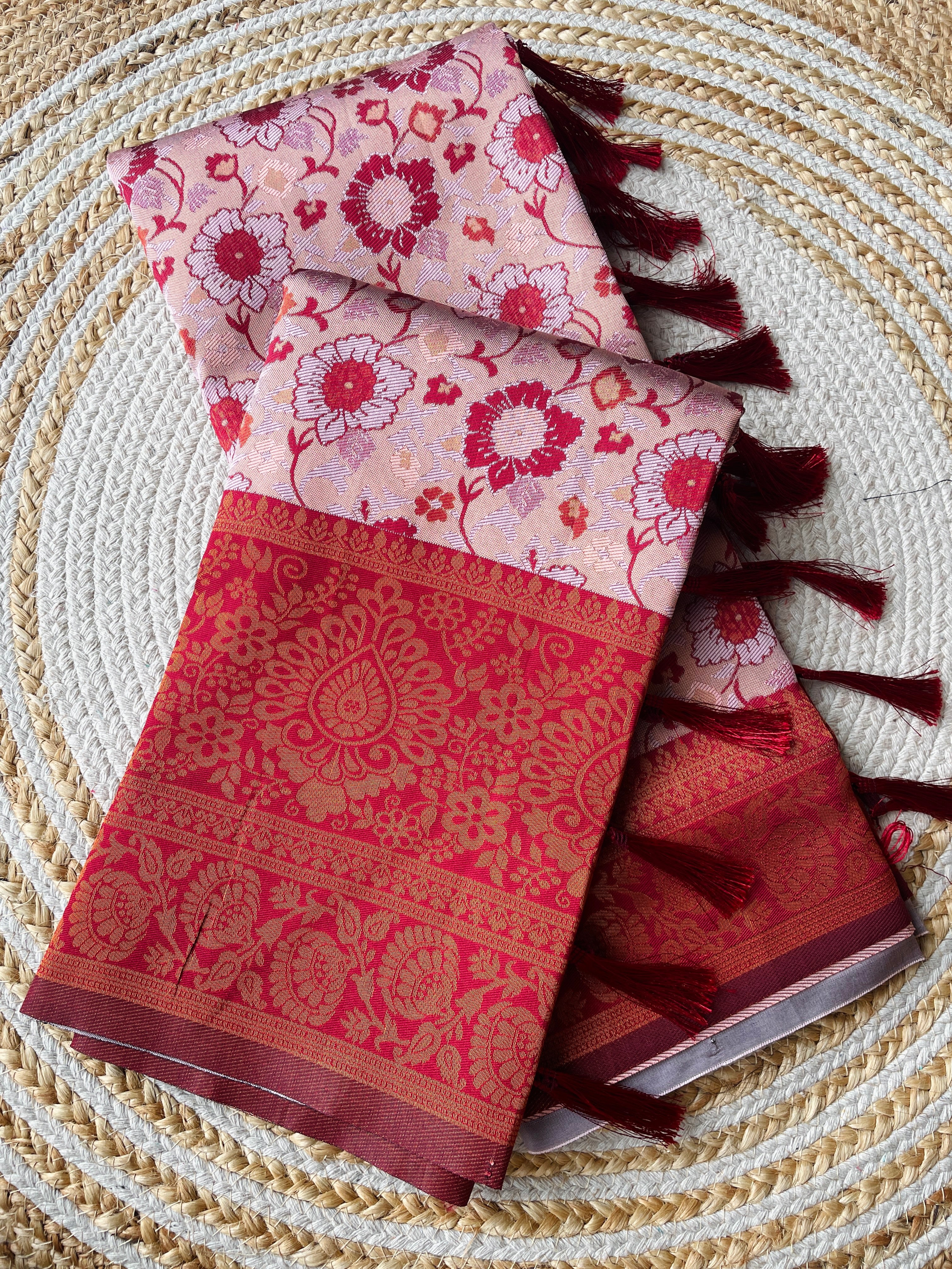 Peach Designer Tassels Banarsi Silk Saree