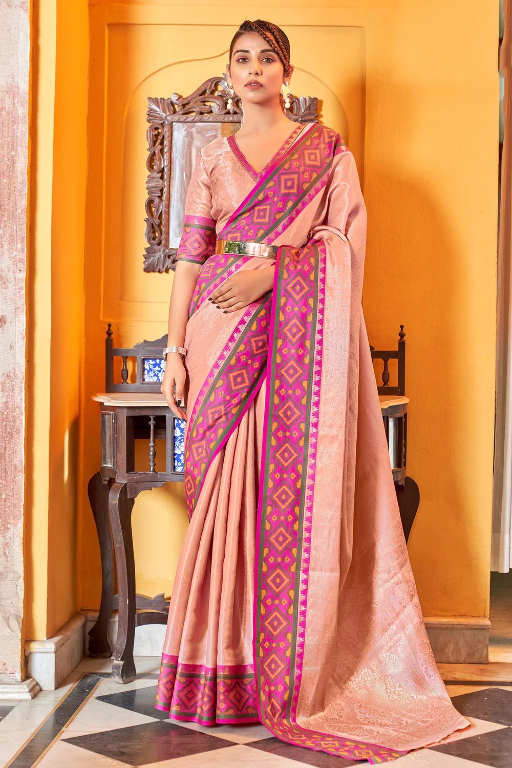 Peach Pink Kanjivaram Patola Silk Saree