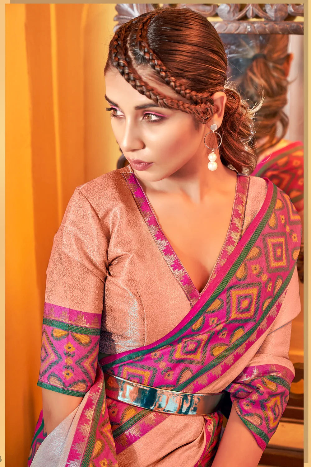 Peach Pink Kanjivaram Patola Silk Saree