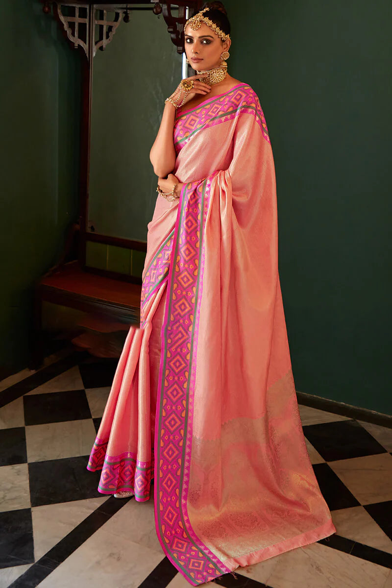 Peach Pink Kanjivaram Patola Silk Saree