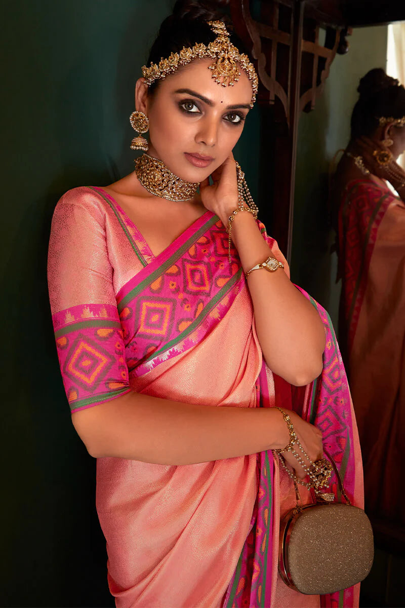 Peach Pink Kanjivaram Patola Silk Saree